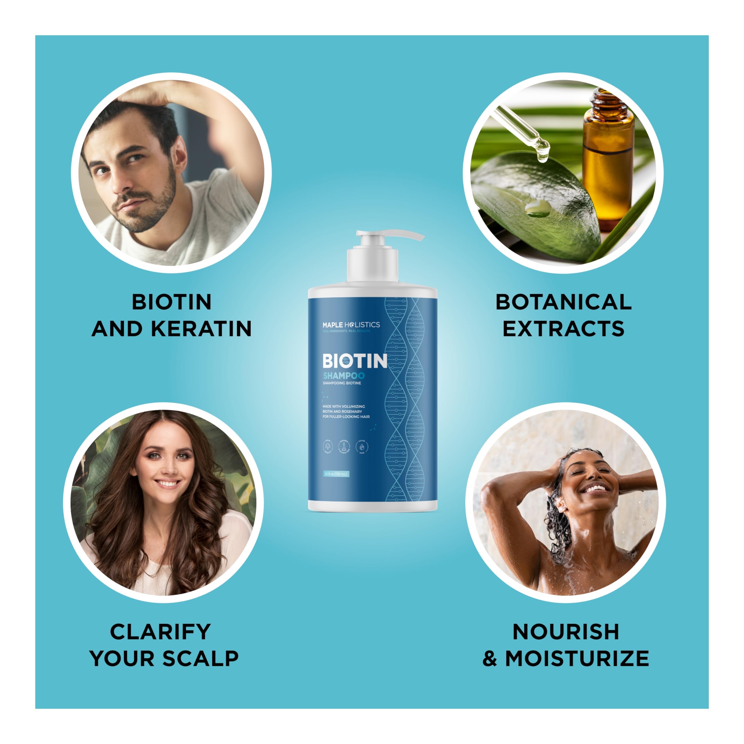 Shampoing Romarin Biotine Maple Holistics, huile d'arbre à thé pour parfum frais.