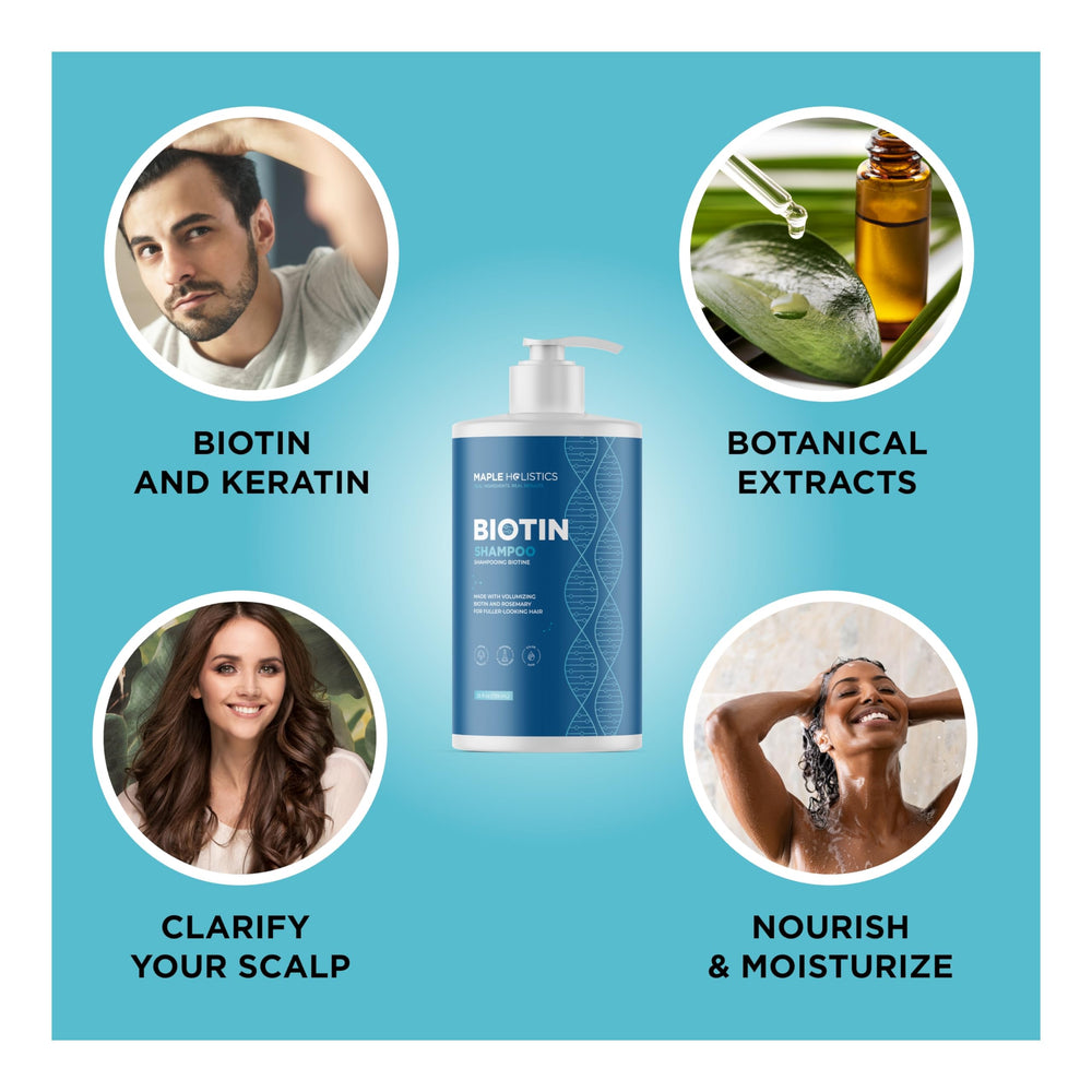 Shampoing Romarin Biotine Maple Holistics, huile d'arbre à thé pour parfum frais.