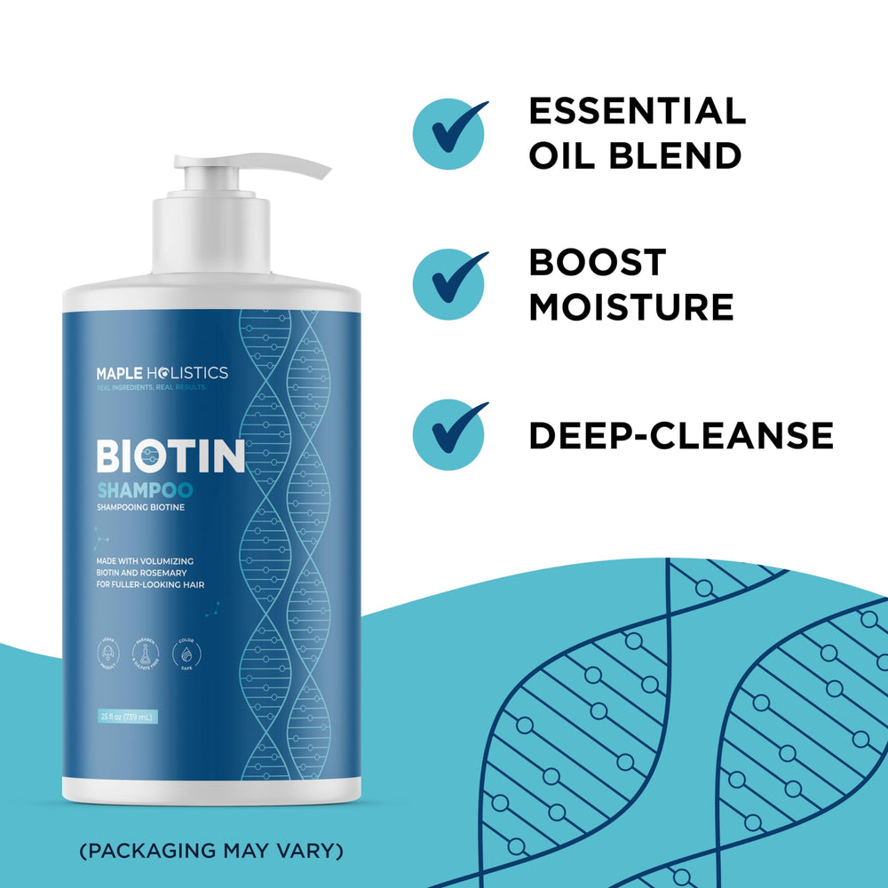 Shampoing Romarin Biotine Maple Holistics, huile d'argan nourrissante sans alourdir.