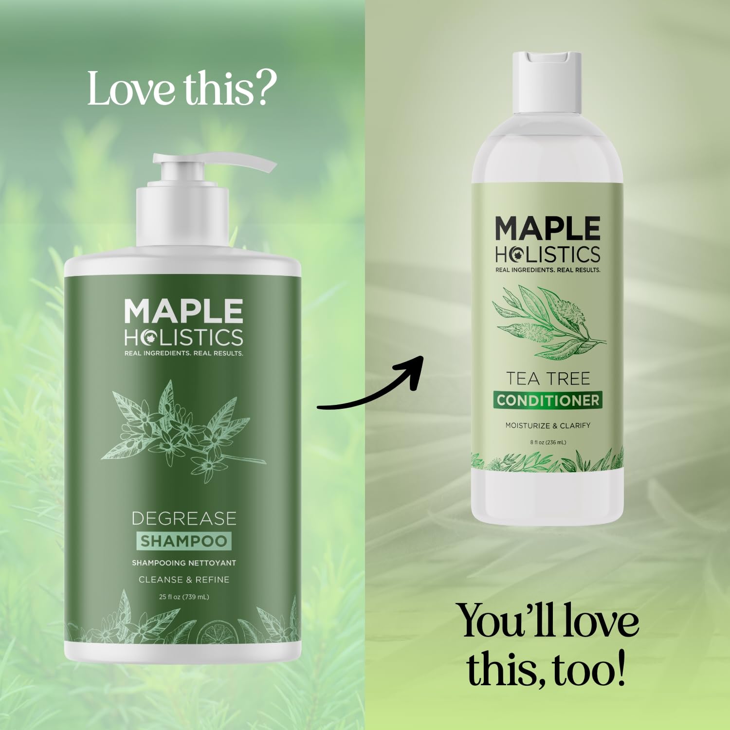 Maple Holistics shampooing basilic, rafraîchit les cheveux et stimule les sens.