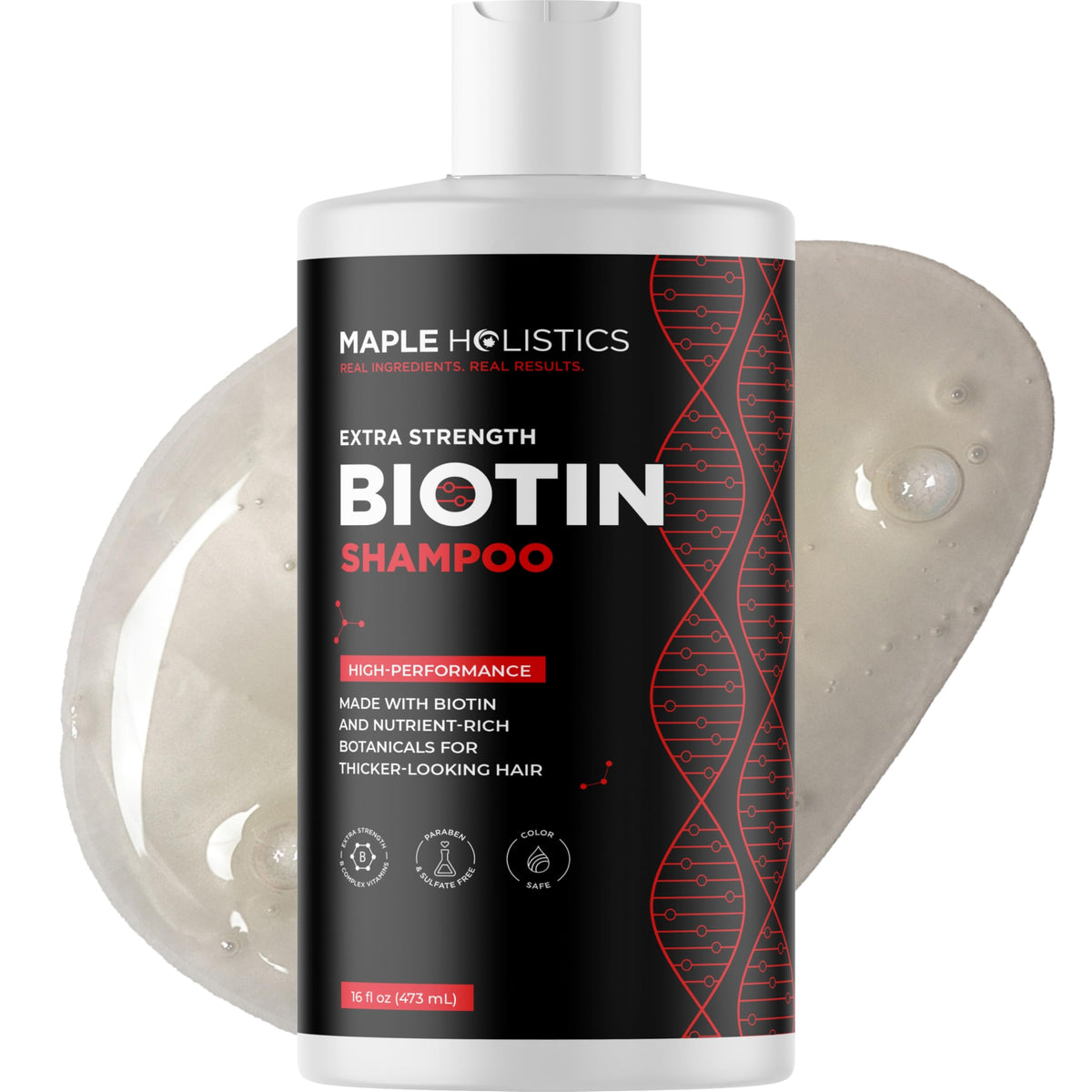 Shampoing Ultra Biotine Maple Holistics, bouteille, volume potentiel.
