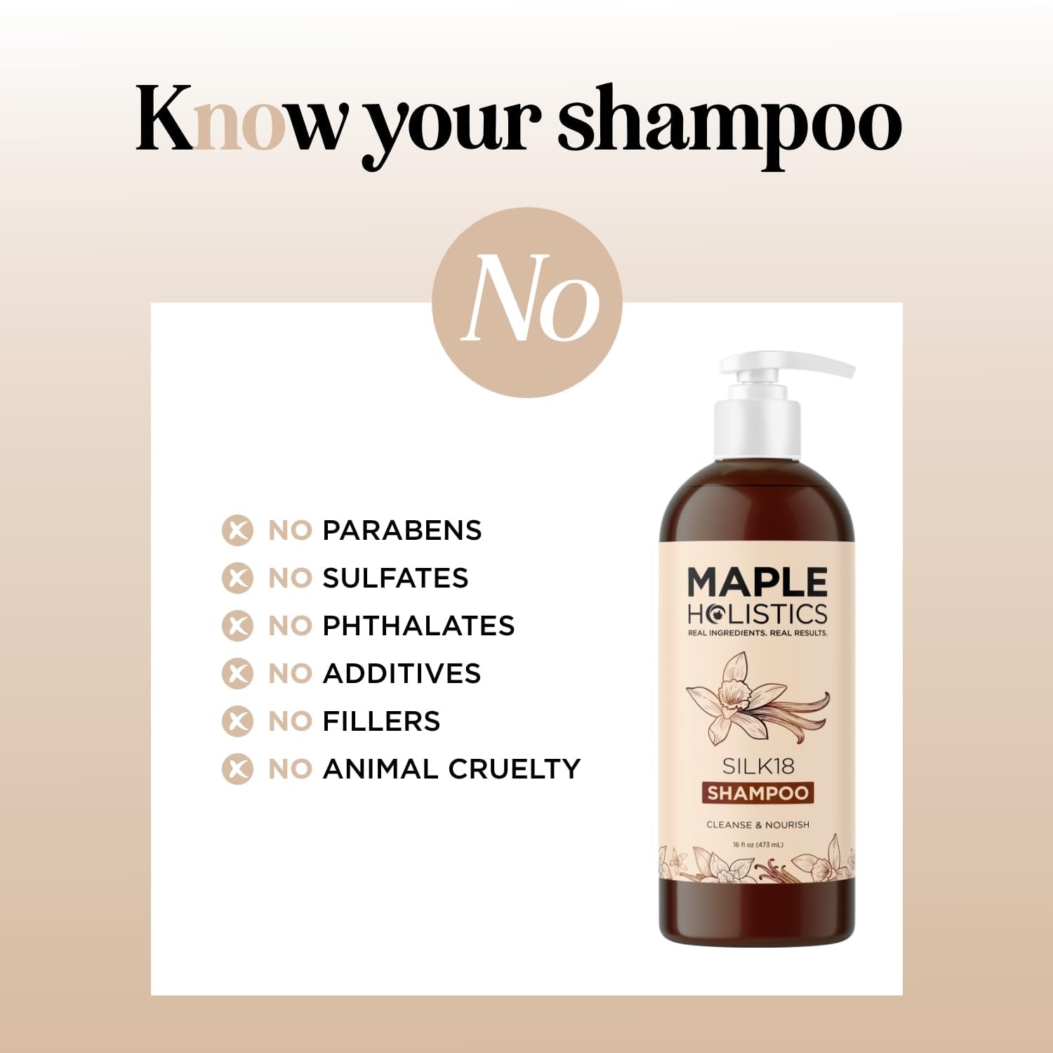 Maple Holistics Silk18 frizz-free shiny hair close-up suggests anti-frizz hydration benefits