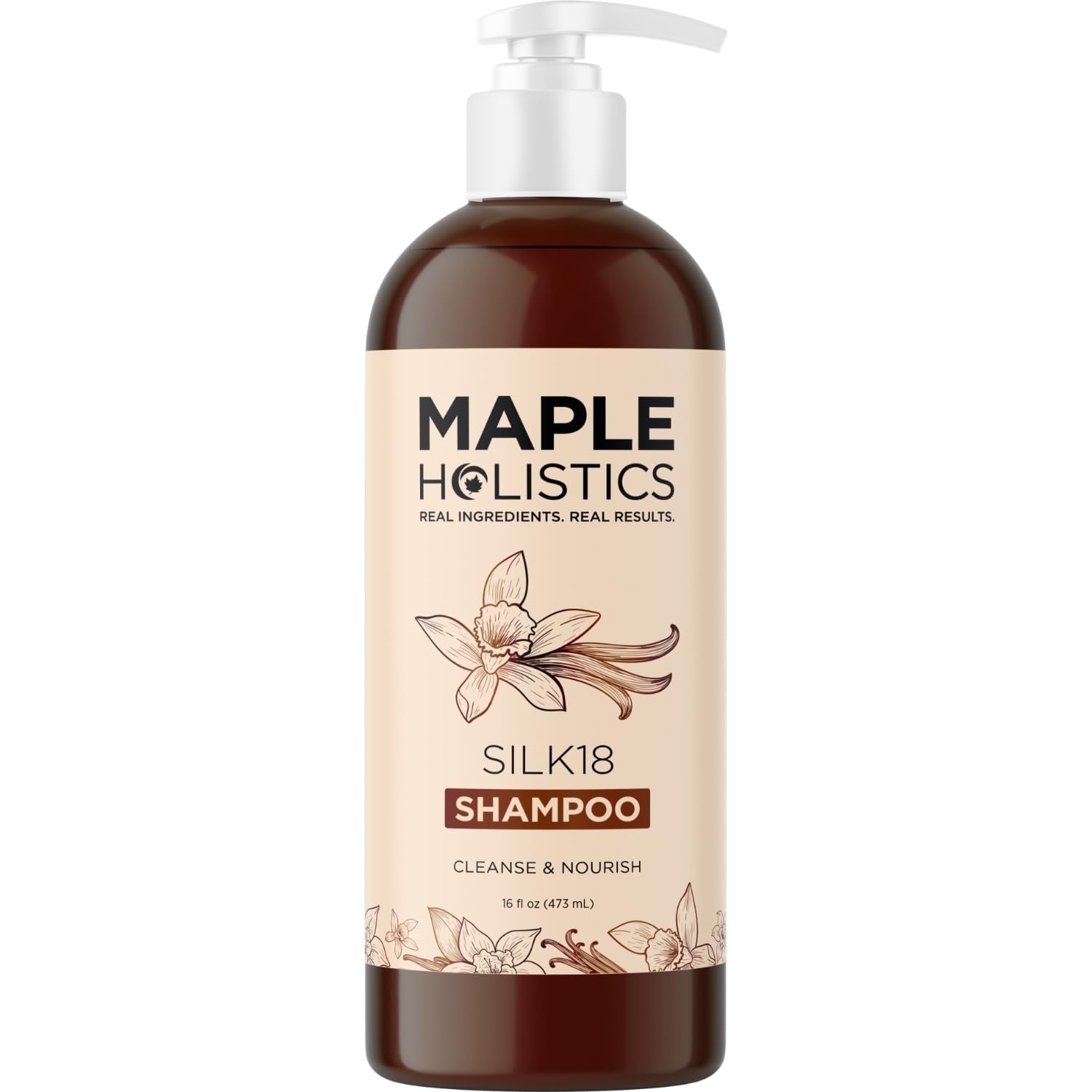 Maple Holistics Silk18 shampoo bottle close-up highlighting ultra hydrating formula for dry hair