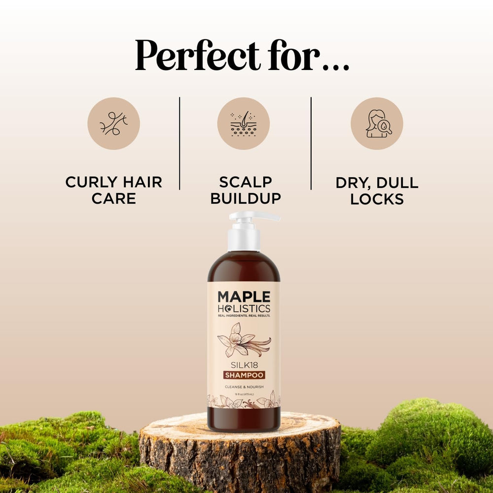 Maple Holistics Silk18 shampoo lather texture demonstrates nourishing care for curly hair