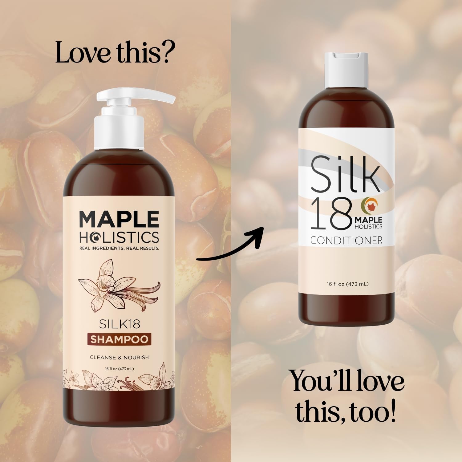 Maple Holistics Silk18 pour bottle highlights convenient application for daily hair care