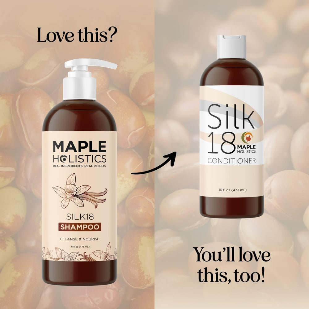 Maple Holistics Silk18 pour bottle highlights convenient application for daily hair care