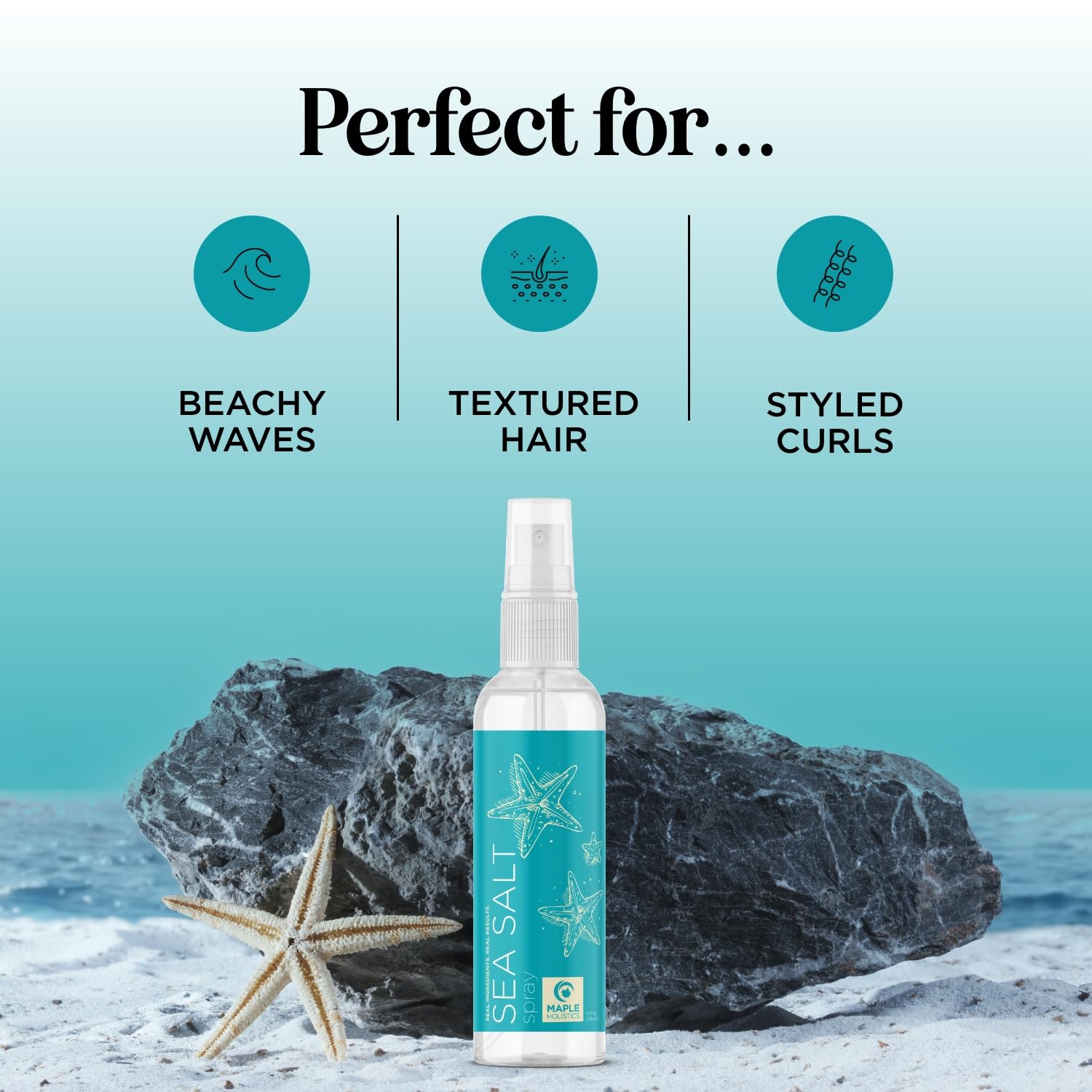 Flacon Maple Holistics emballage spray volumisant au sel de mer pratique pour voyage