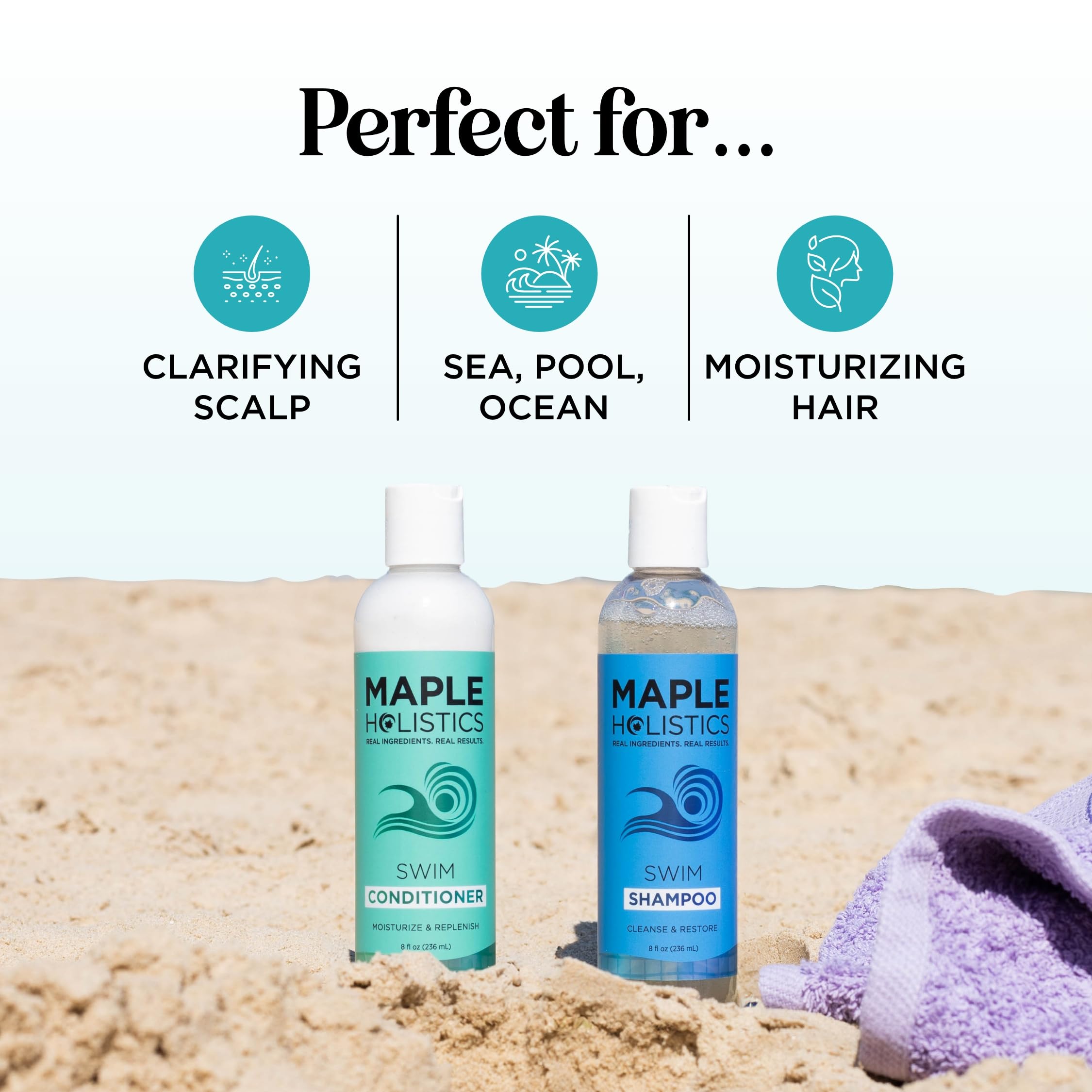 Utilisation après plage et piscine, soin capillaire pratique avec Maple Holistics.