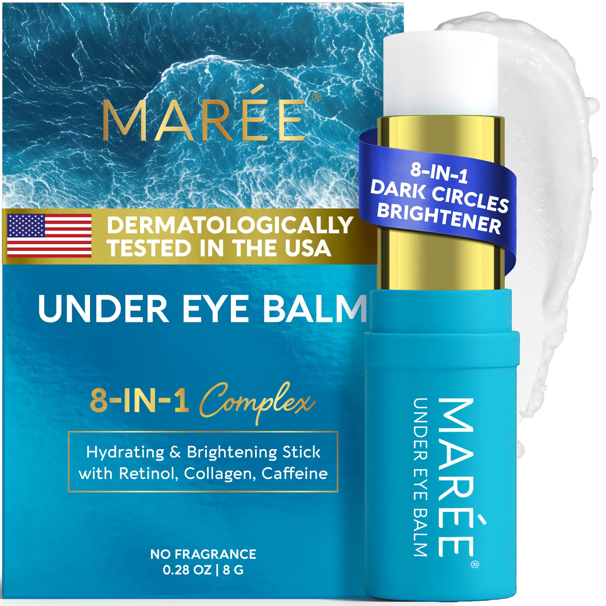 MAREE baume sous-oeil stick hydratant emballage premium pour un regard plus frais.