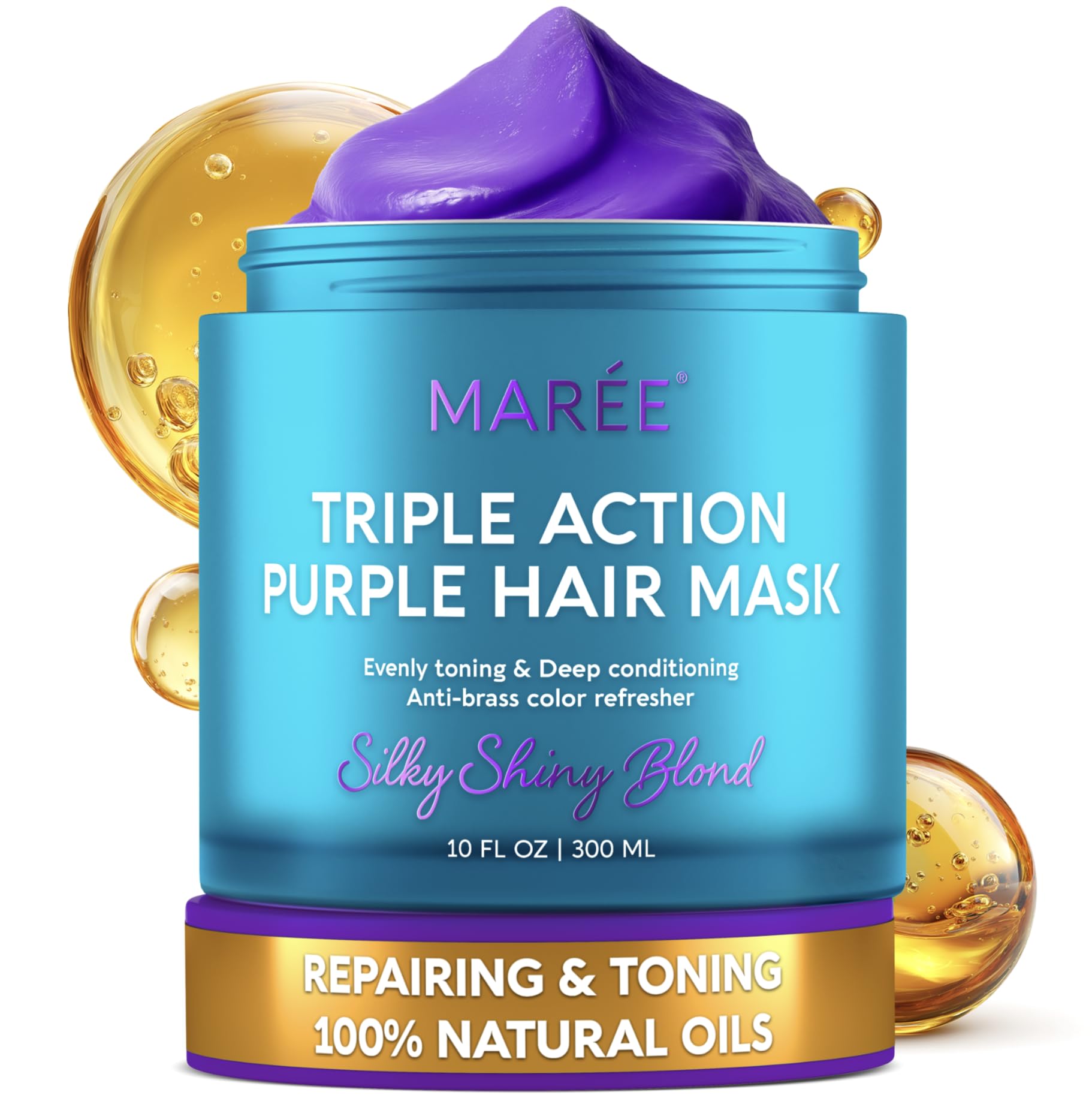 MAREE Masque violet en bouteille pour cheveux blonds brillants.