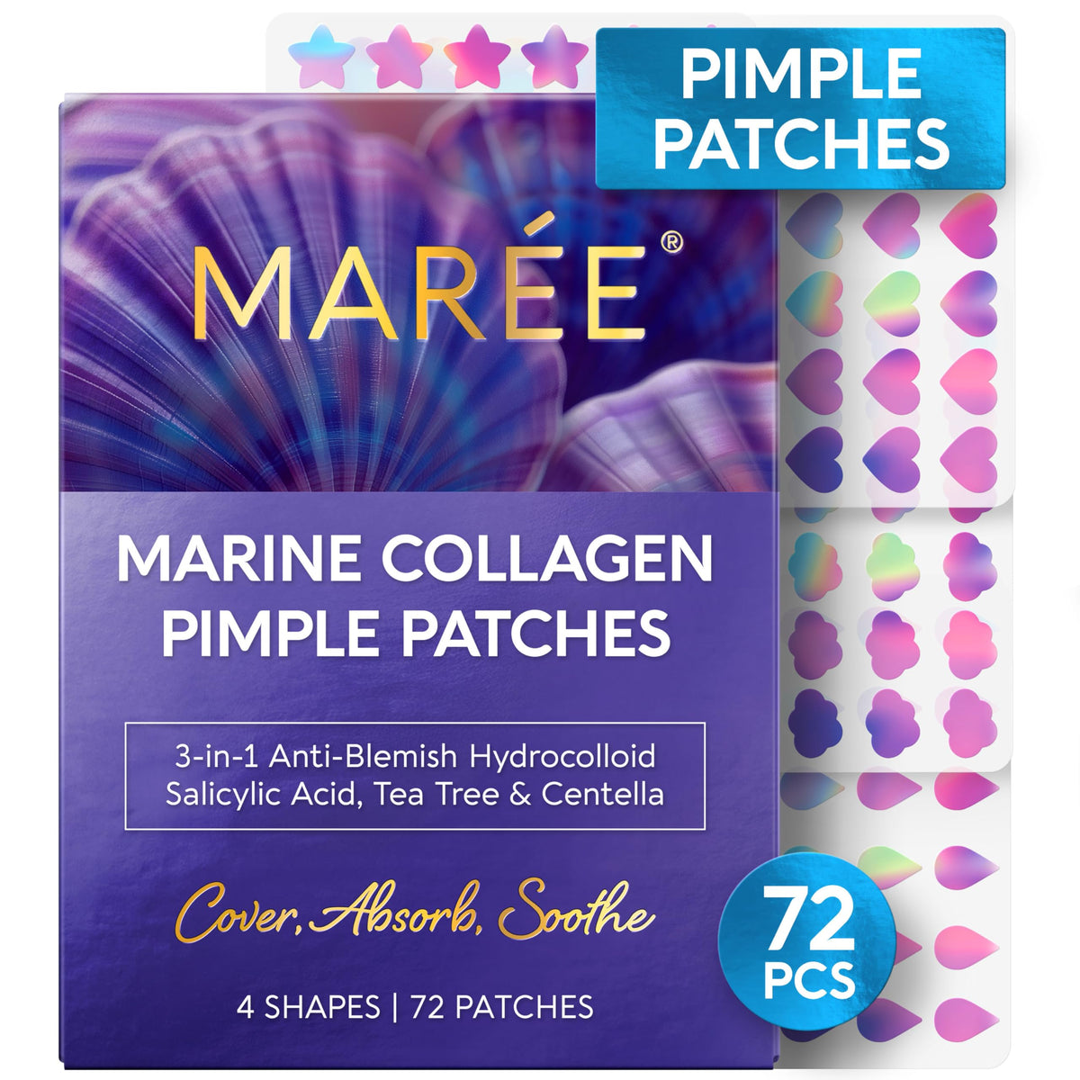 Pansement MAREE Étoile sur le visage pour absorption ciblée des impuretés.