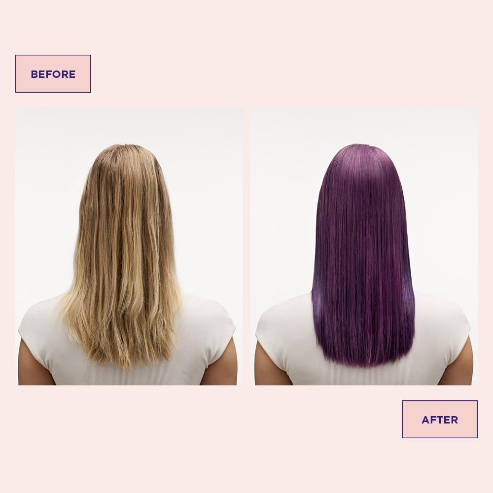 Avant-après avec Maria Nila Color Refresh, teinte violet modérée et cheveux hydratés.