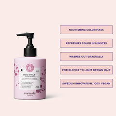 Masque-cheveux Maria Nila couleur violet, soin nourrissant pour cheveux moyens à foncés.