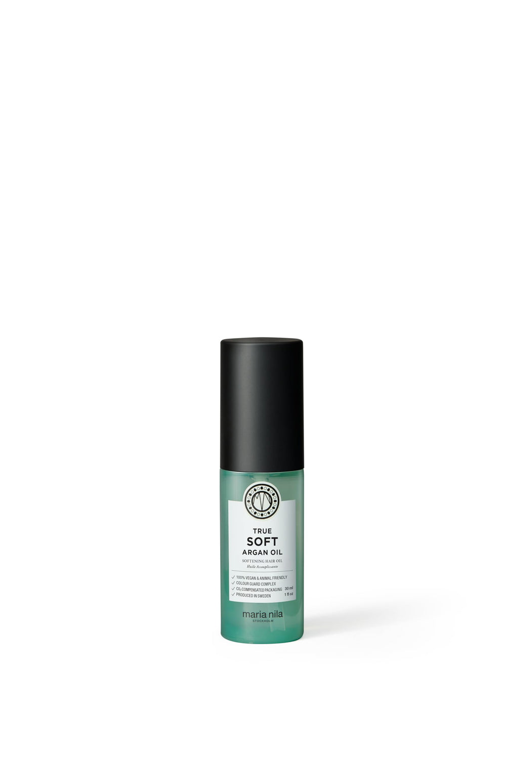 Maria Nila True Soft huile argan, bouteille facile à utiliser pour cheveux secs.