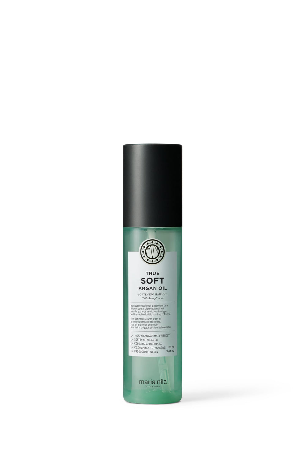 Huile d'Argan Maria Nila True Soft dans sa bouteille, douceur et nutrition pour cheveux secs