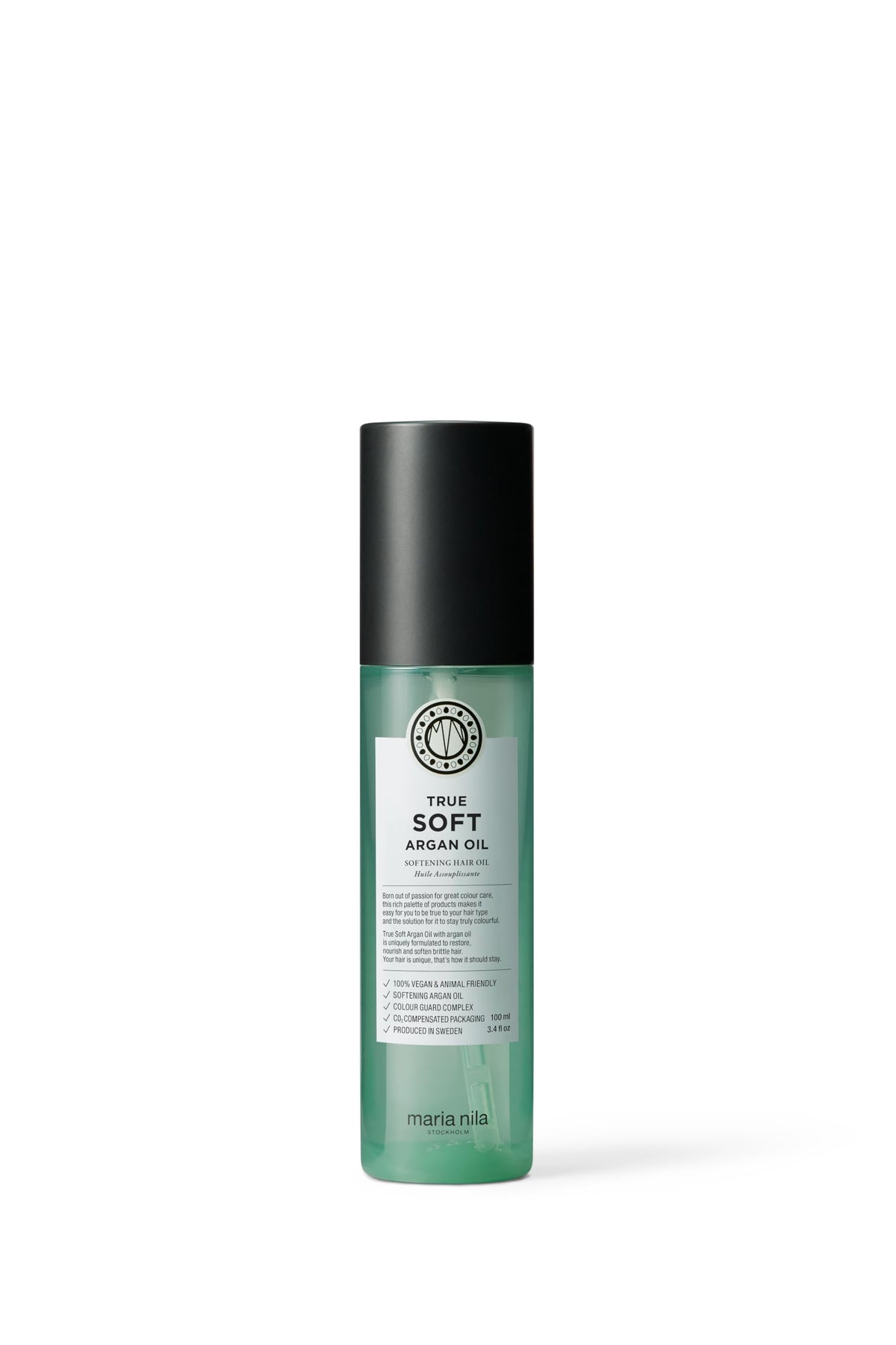 Huile d'Argan Maria Nila True Soft dans sa bouteille, douceur et nutrition pour cheveux secs