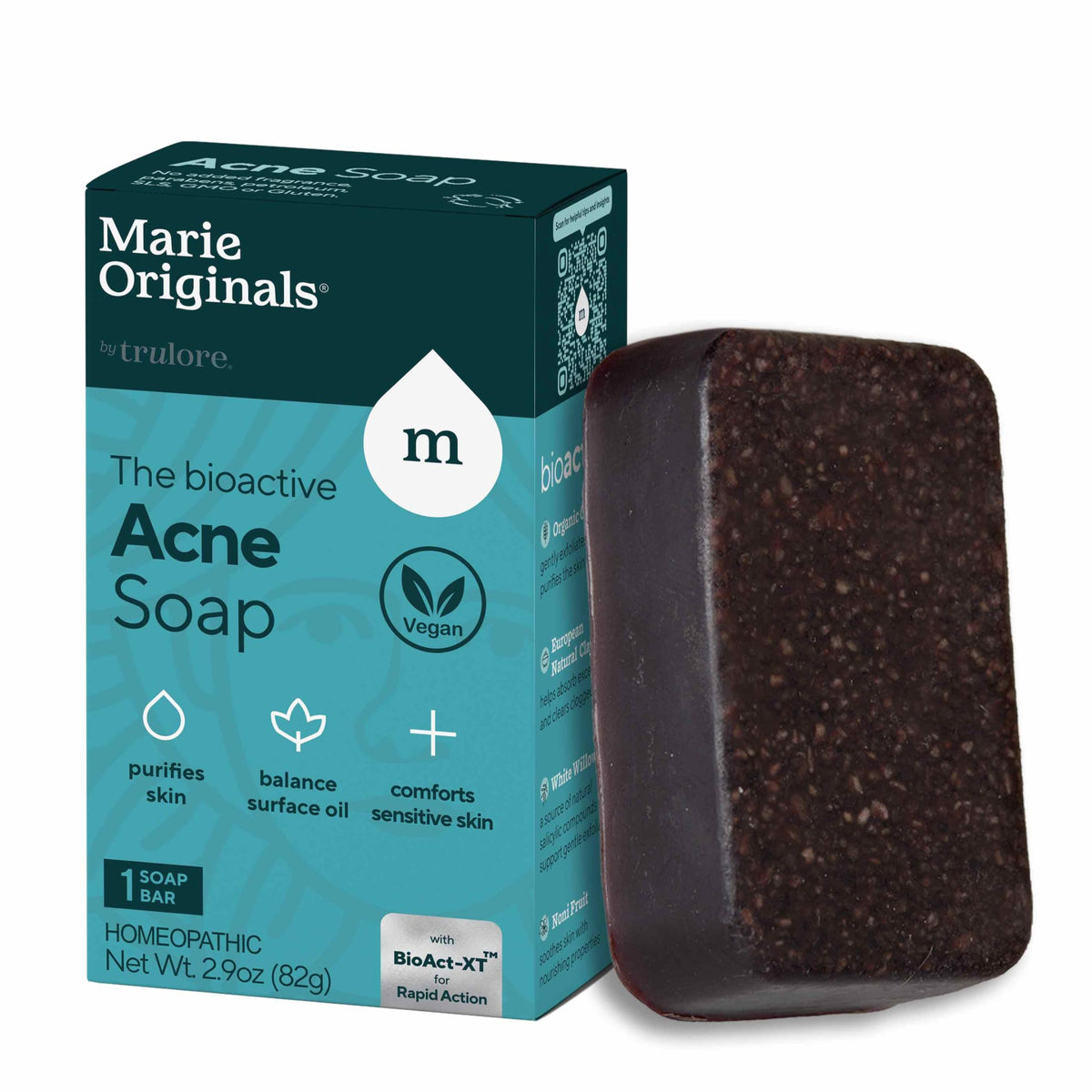 Marie Originals Savon Acne Bar utilisé sur visage et corps pour nettoyage en douceur.