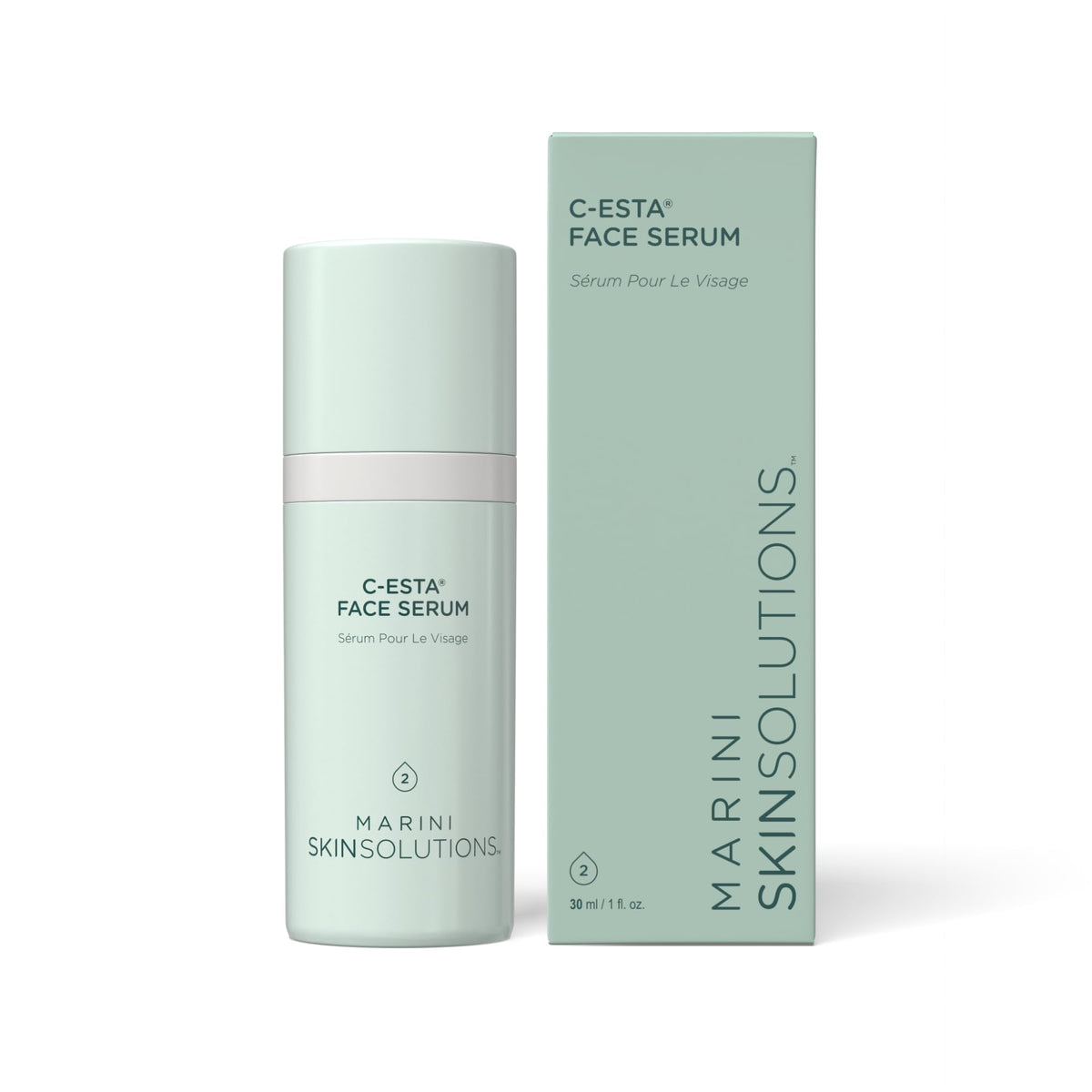 Marini SkinSolutions C-ESTA Serum sur bouteille, effet lift discret et protection cutanée.