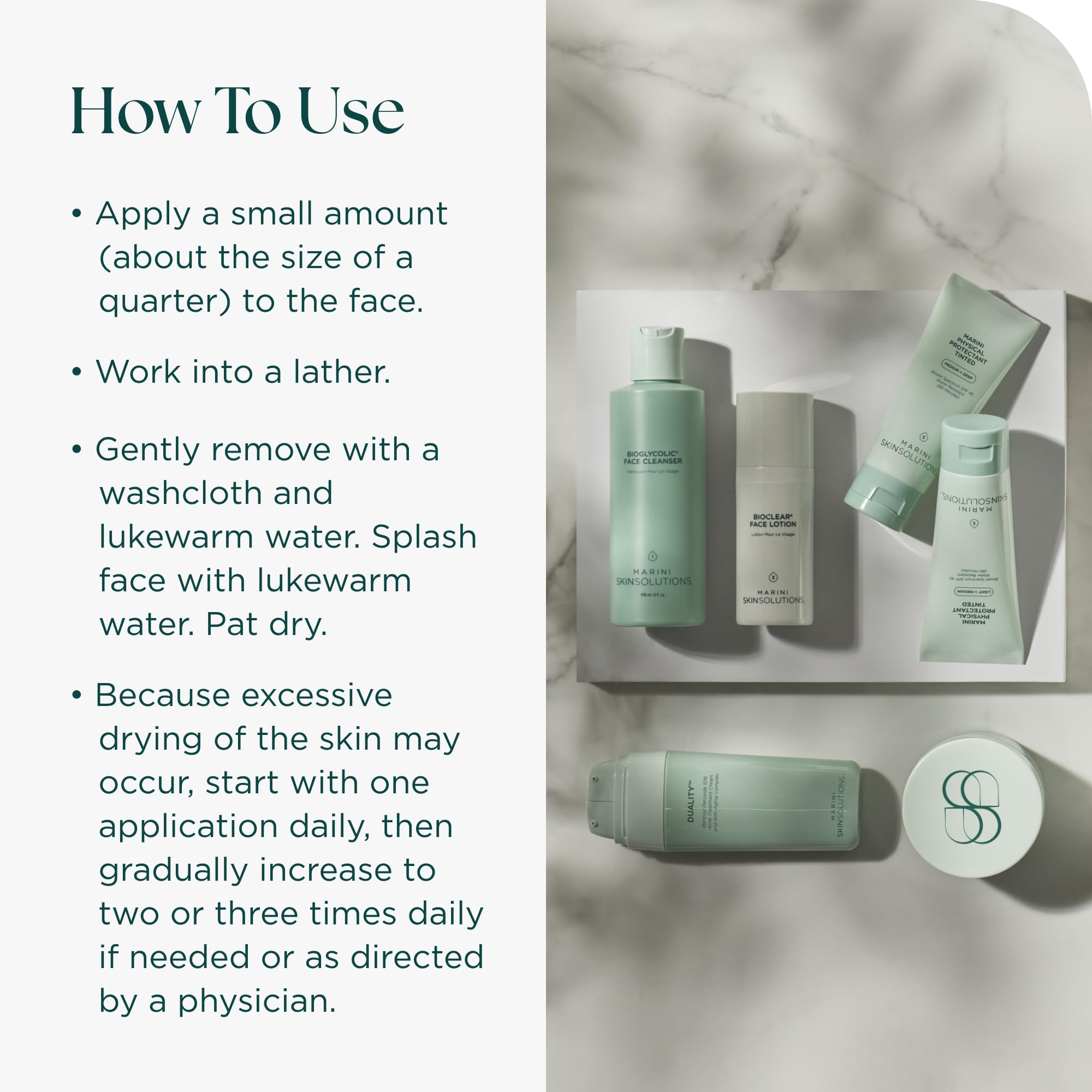 Marini SkinSolutions, emballage-produit clair et sûr.