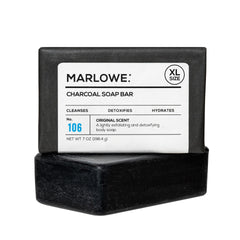 MARLOWE No. 106 charcoal soap bar pour demonstrates deep cleansing and a woodsy scent