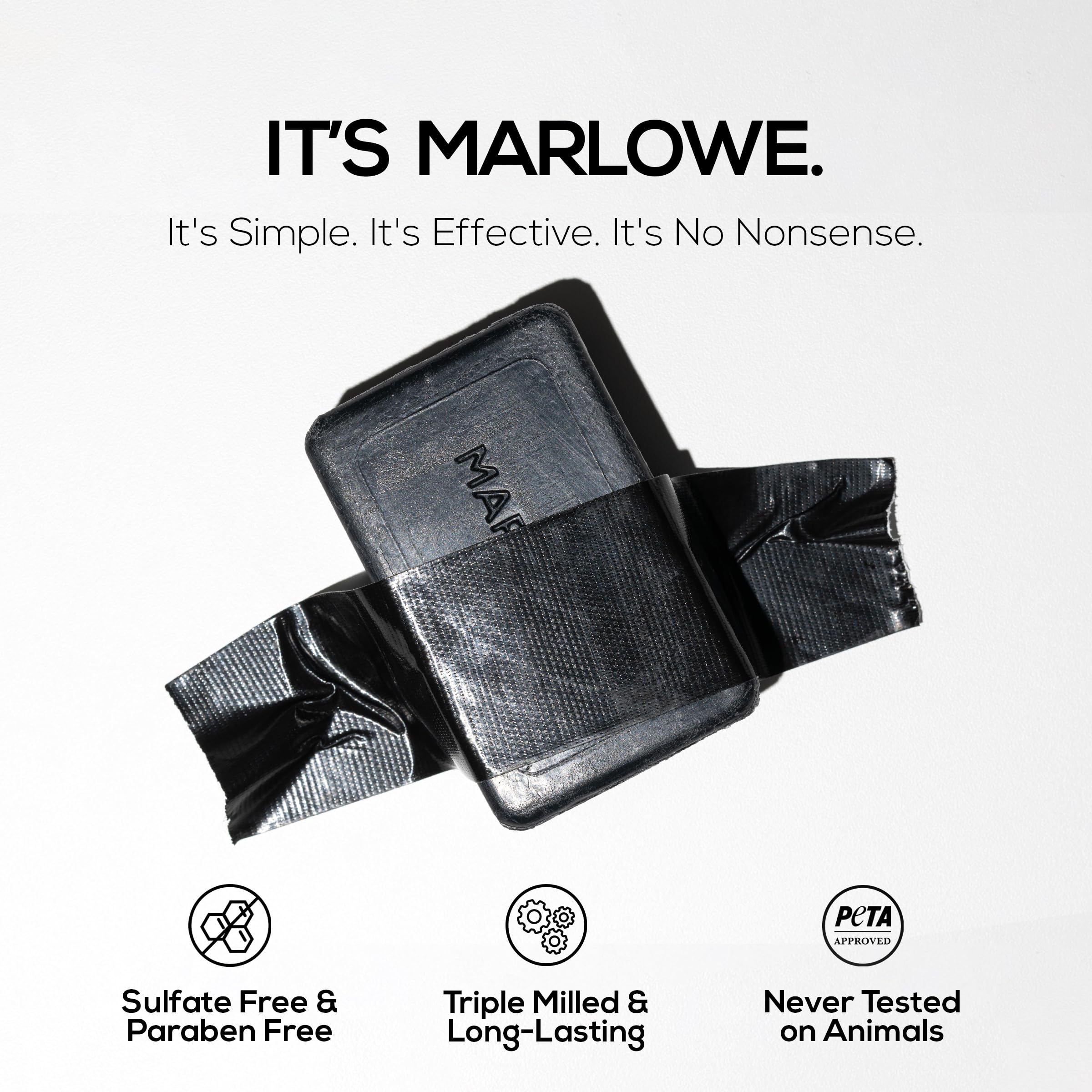 MARLOWE No. 106 charcoal soap packaging image highlights eco friendly packaging and premium bar