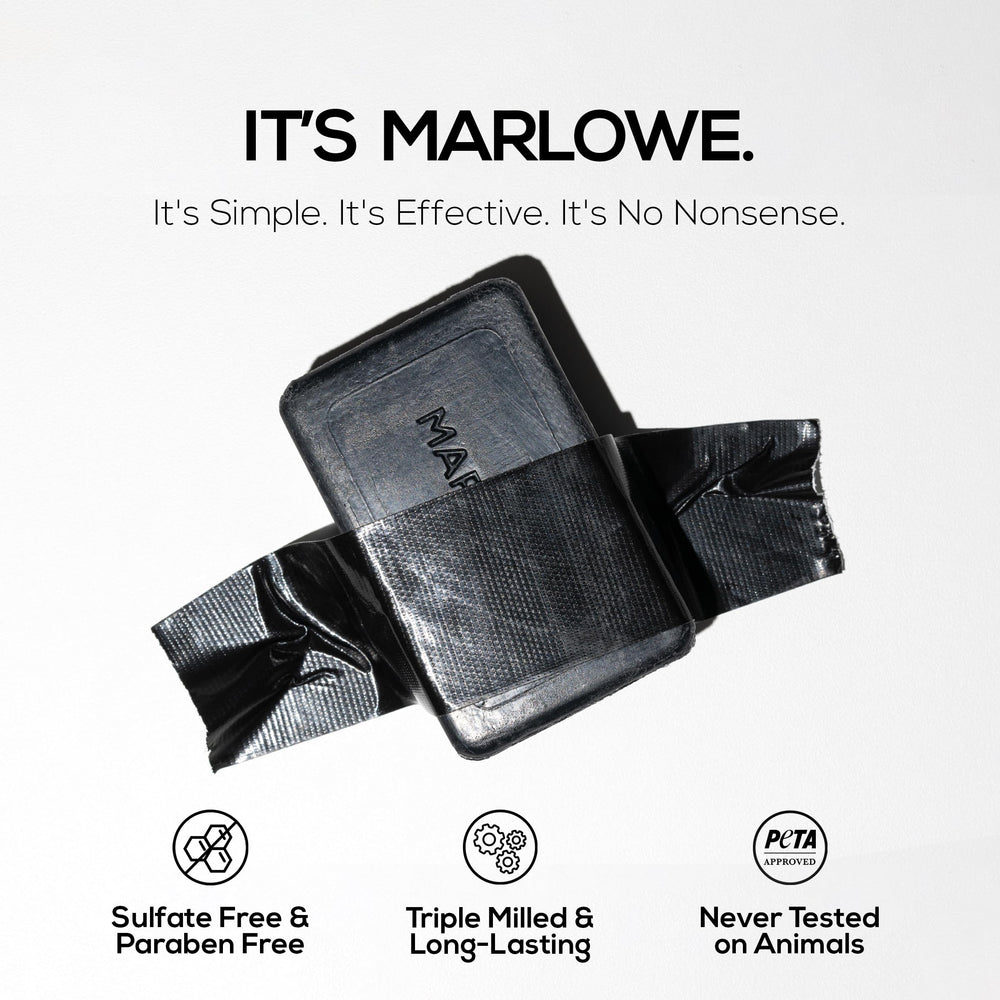 MARLOWE No. 106 charcoal soap packaging image highlights eco friendly packaging and premium bar