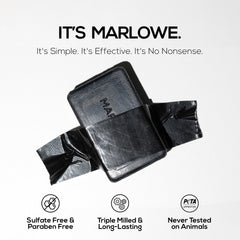 MARLOWE No. 106 charcoal soap packaging image highlights eco friendly packaging and premium bar