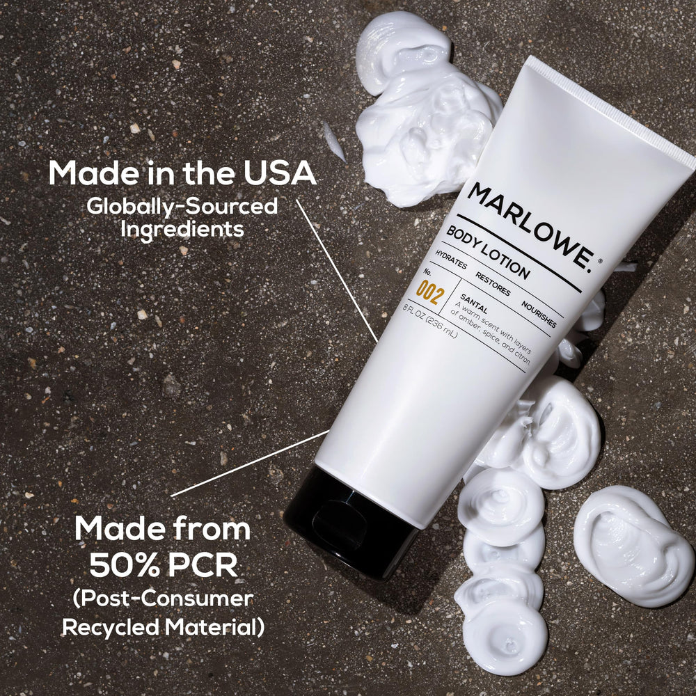 Utilisation quotidienne MARLOWE No. 002 Santal Body Lotion sur corps et mains.