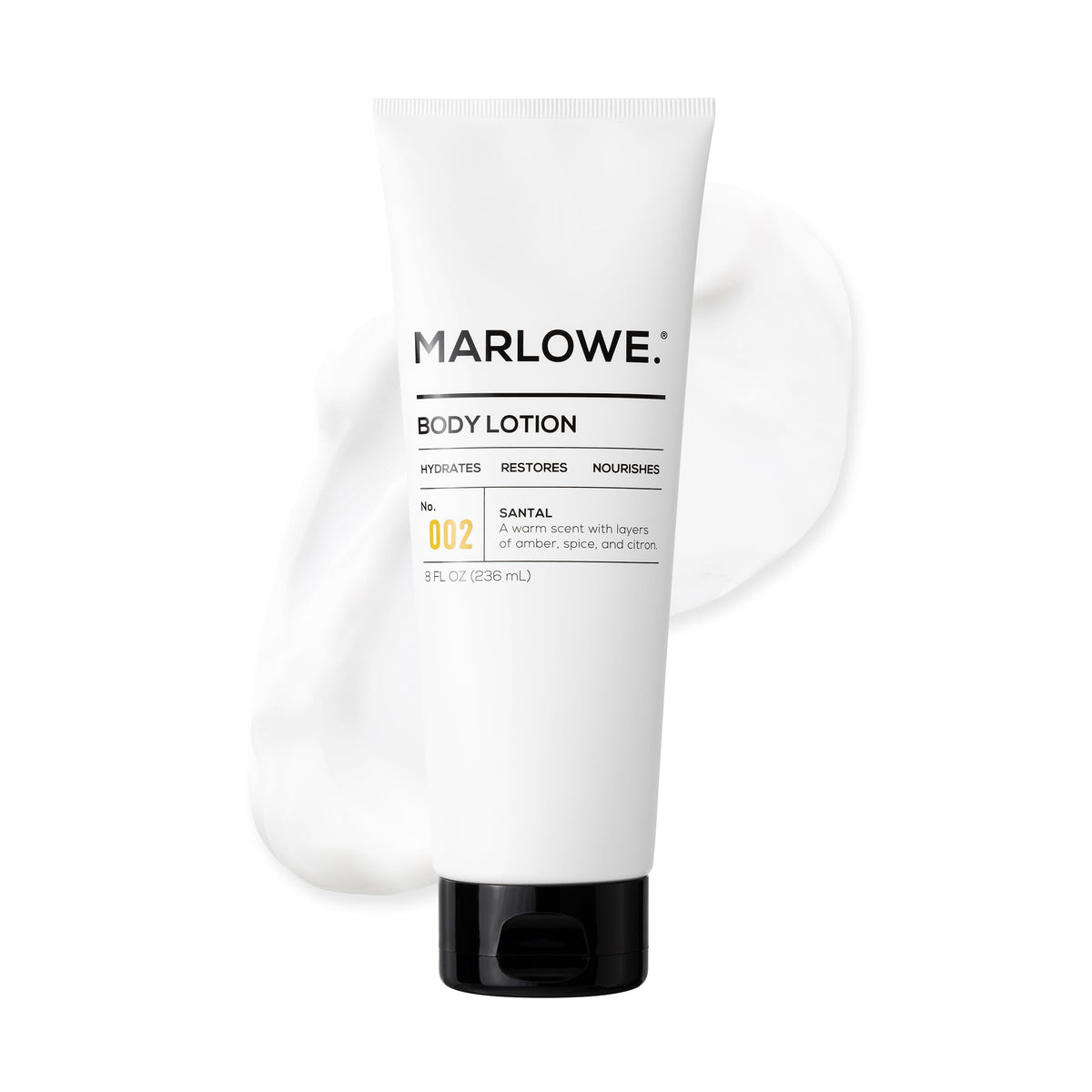 MARLOWE No. 002 Santal Body Lotion sur flacon élégant, hydratation quotidienne.