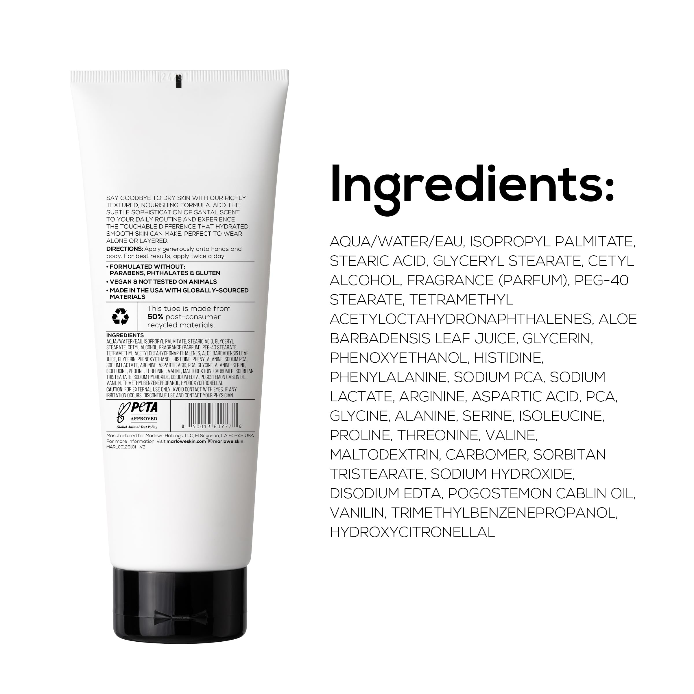 Étiquette végane et sans cruauté animale de MARLOWE No. 002 Santal Body Lotion.