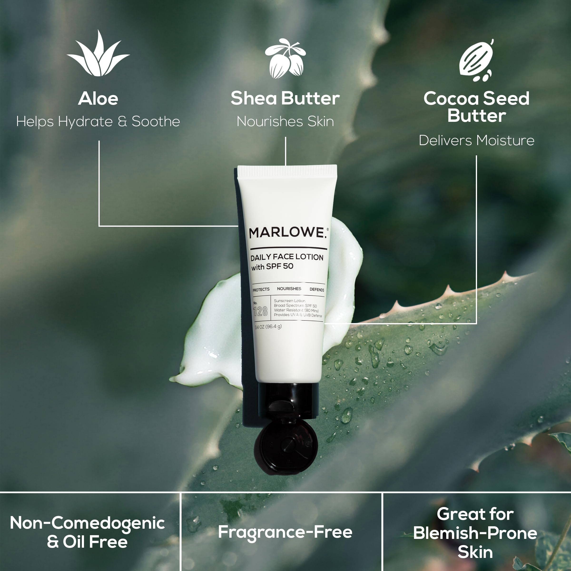 MARLOWE No 128 SPF 50 face lotion being applied for a smooth, non-greasy finish