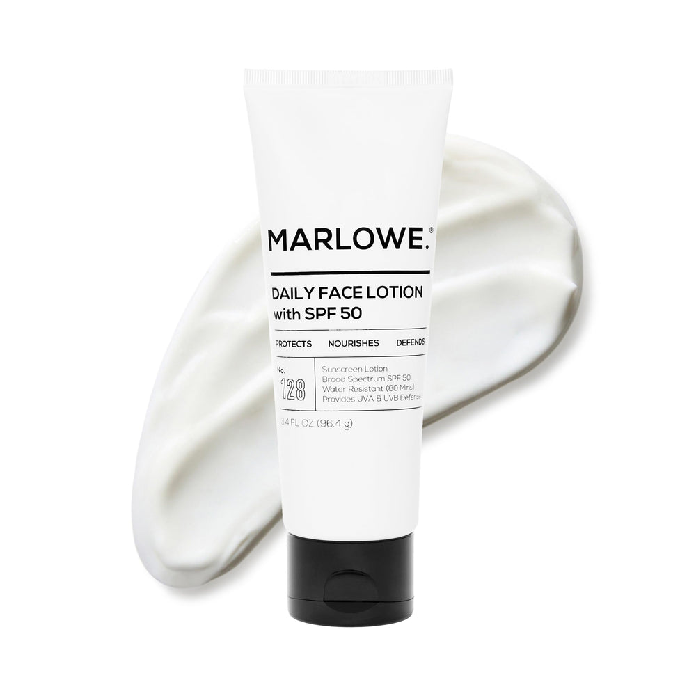 MARLOWE No 128 SPF 50 facial lotion bottle shows lightweight daily protection for men