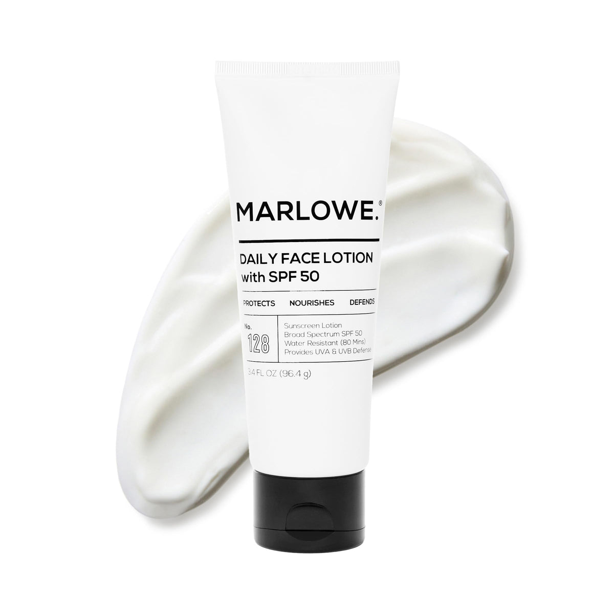 MARLOWE No 128 SPF 50 facial lotion bottle shows lightweight daily protection for men