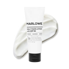 MARLOWE No 128 SPF 50 facial lotion bottle shows lightweight daily protection for men