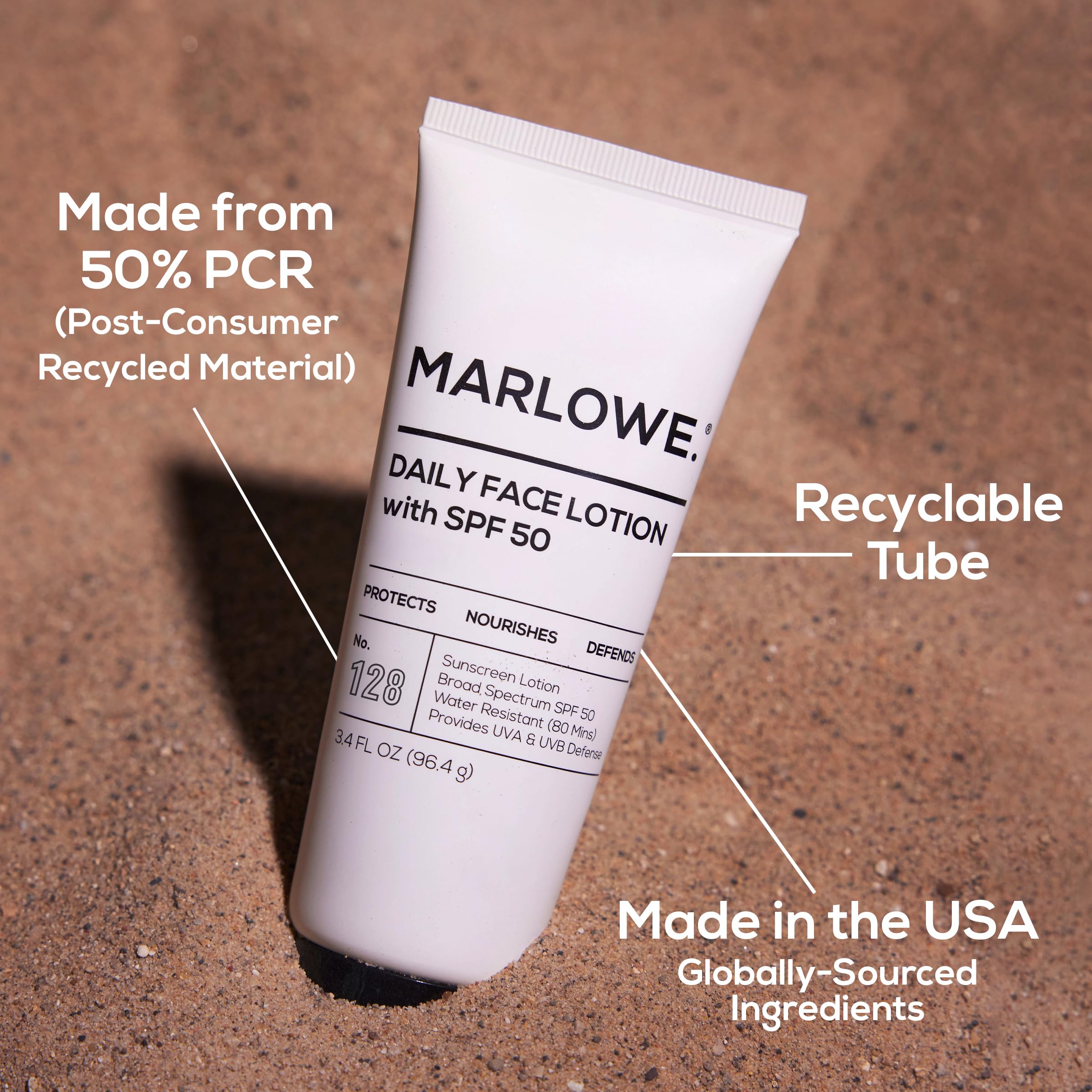 MARLOWE No 128 SPF 50 vegan formula signals clean, cruelty-free skincare