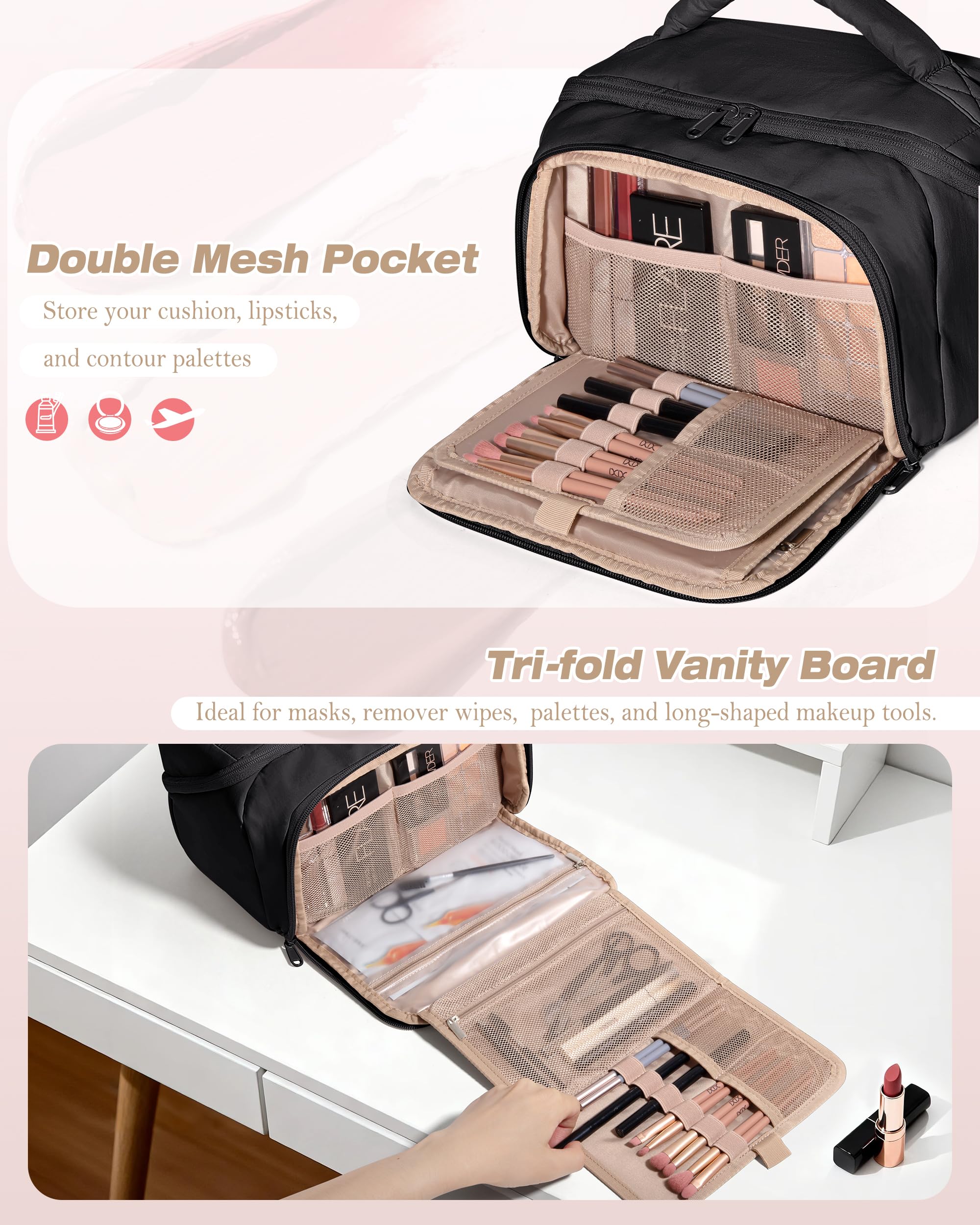 Marscamd Trousse montre le design tri-fold facilitant une station beauté compacte.