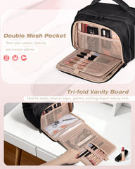 Marscamd Trousse montre le design tri-fold facilitant une station beauté compacte.