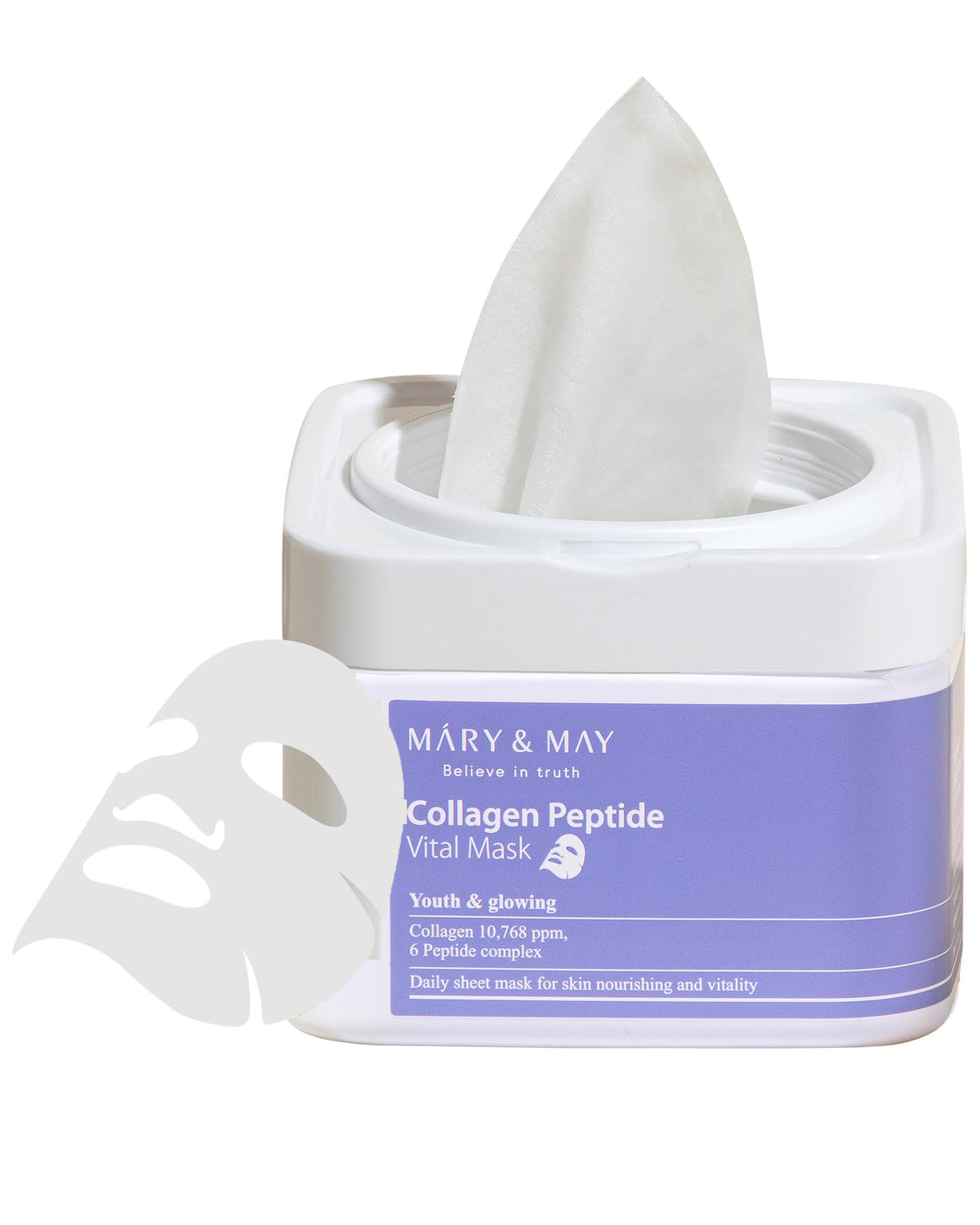 Mary&May Masque Collagène Peptide Vital dans un étui coulissant pour 30 masques hygiéniques.