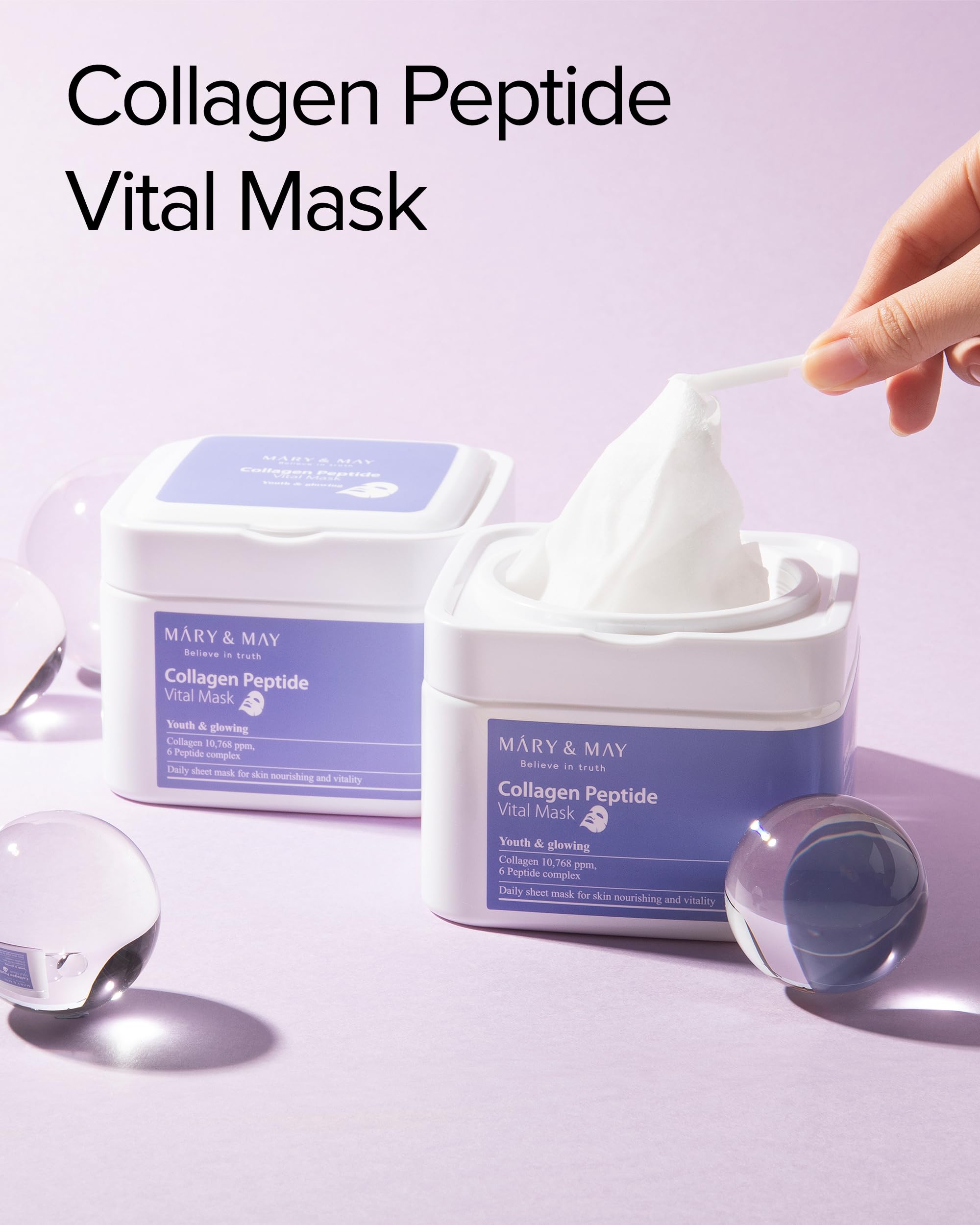 Mary&May Masque Collagène Peptide Vital avec mini-pinces pour une application sans contact.
