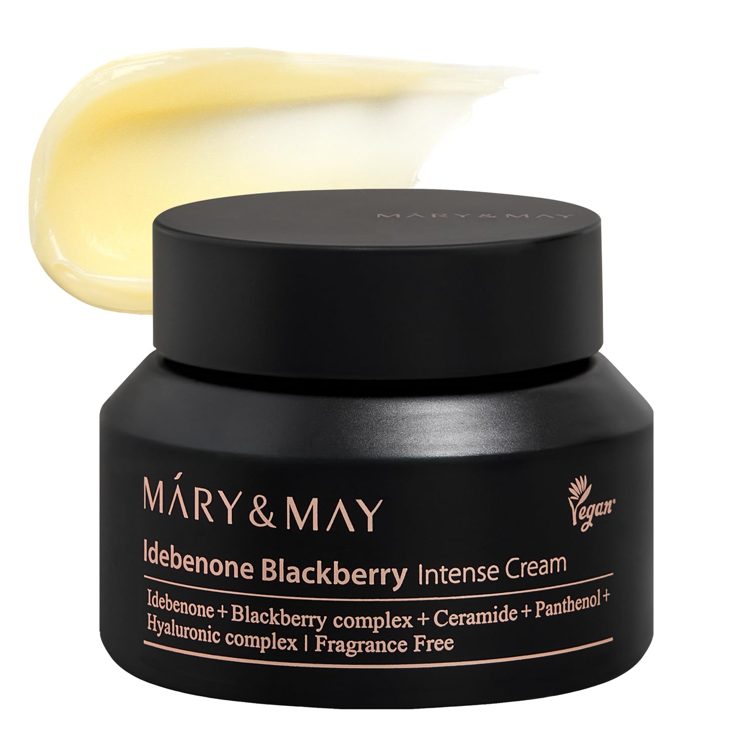 Mary&May Crème Idebenone Mûre dans son pot, hydratation riche prête à revitaliser la peau.