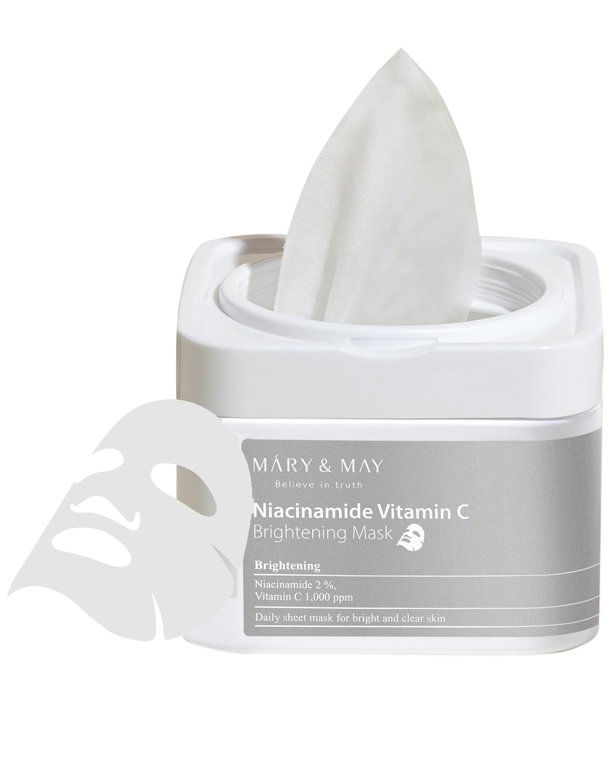 Mary&May Masque Niacinamide Vitamin C avec boîte etui 30 feuilles, pratique et hygiénique.