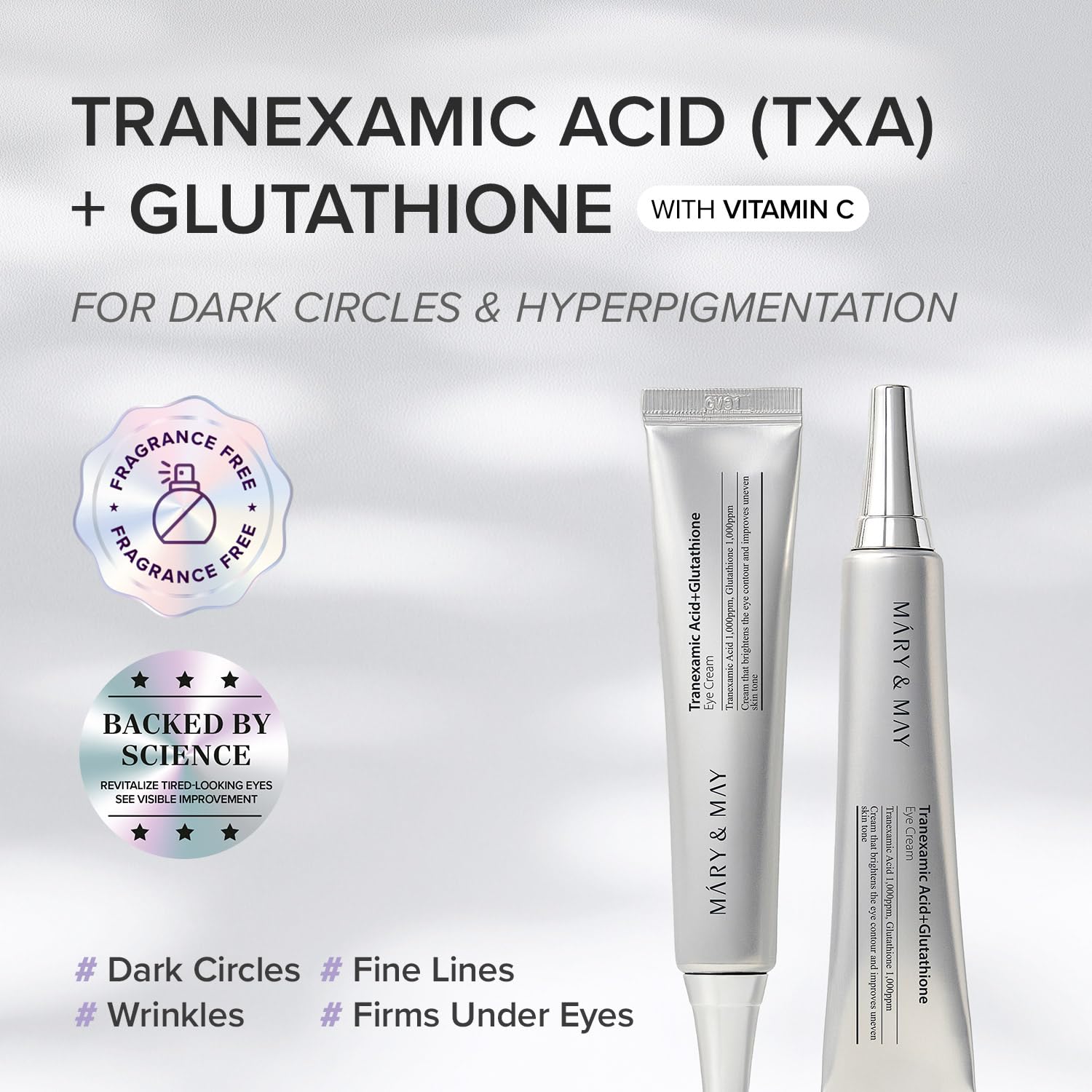 Application de la crème yeux Mary&May, hydratation et éclat autour des yeux.