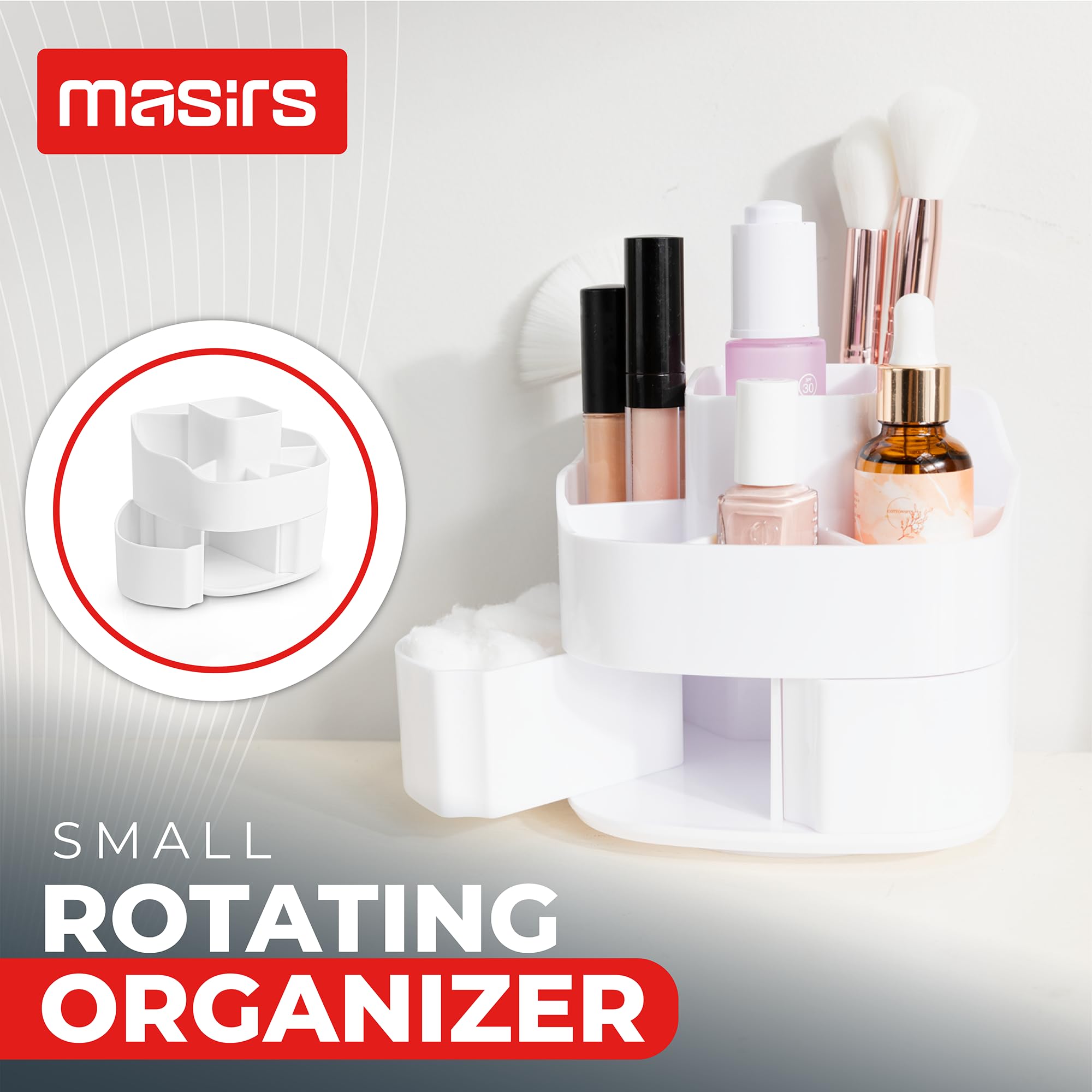 Masirs organise maquillage rotatif petit blanc, ensemble compartiments, accès rapide.