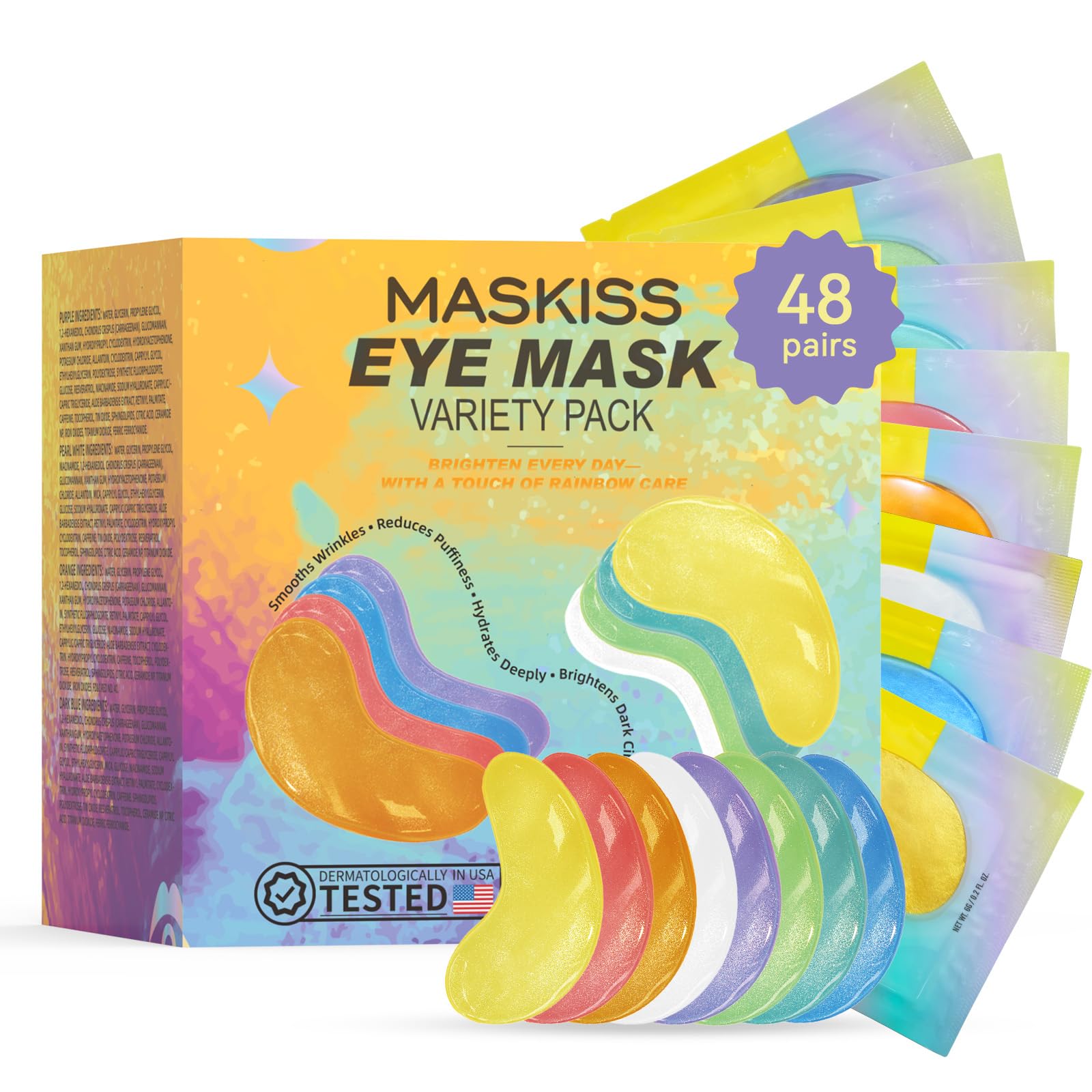 Patchs yeux Maskiss 8 couleurs en emballage pratique, fraîcheur préservée pour voyage.