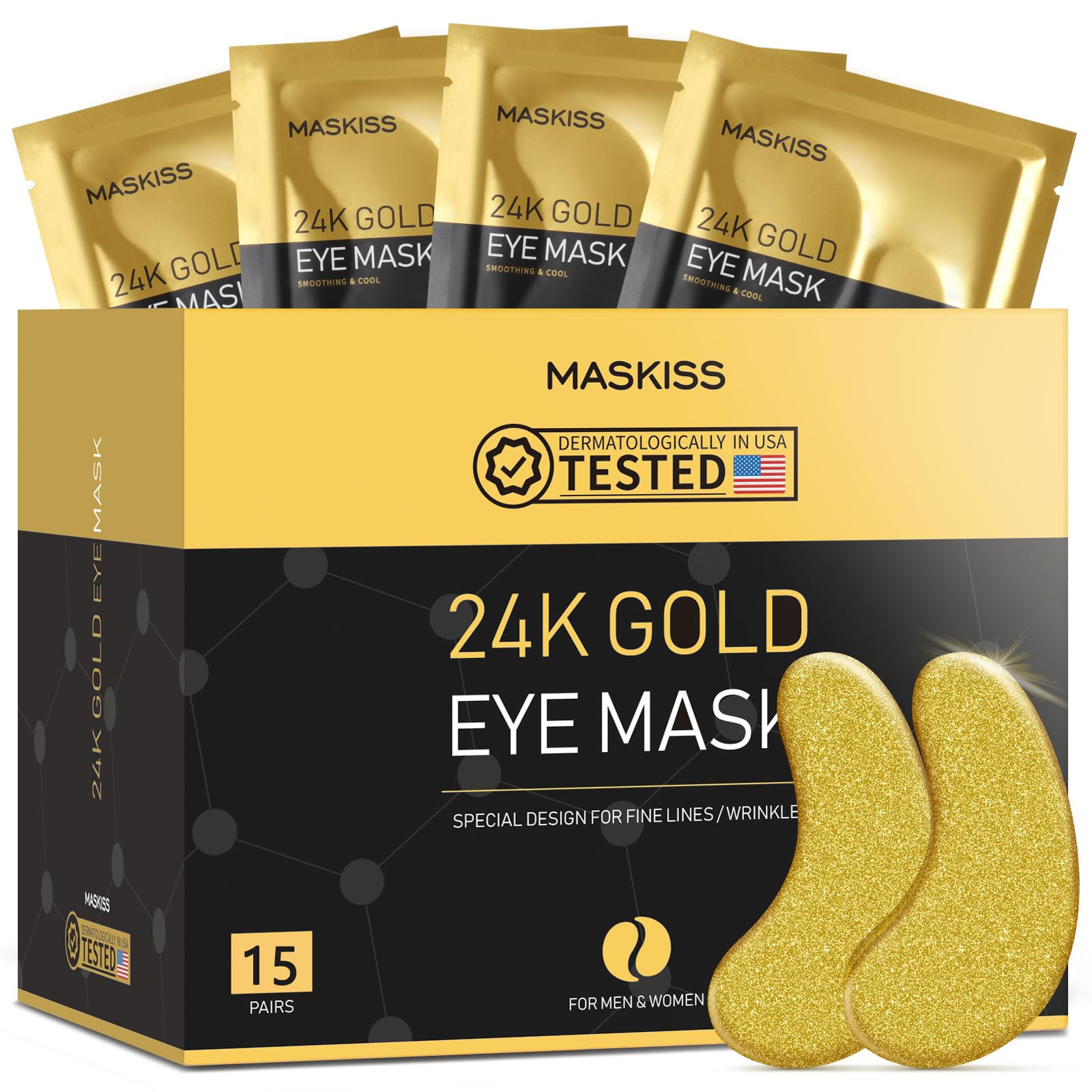 Maskiss patchs yeux 24k or doré, appliqués sous les yeux.