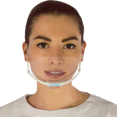 Masklean boîte avec cinq masques transparents et pochon microfibre pour le transport.