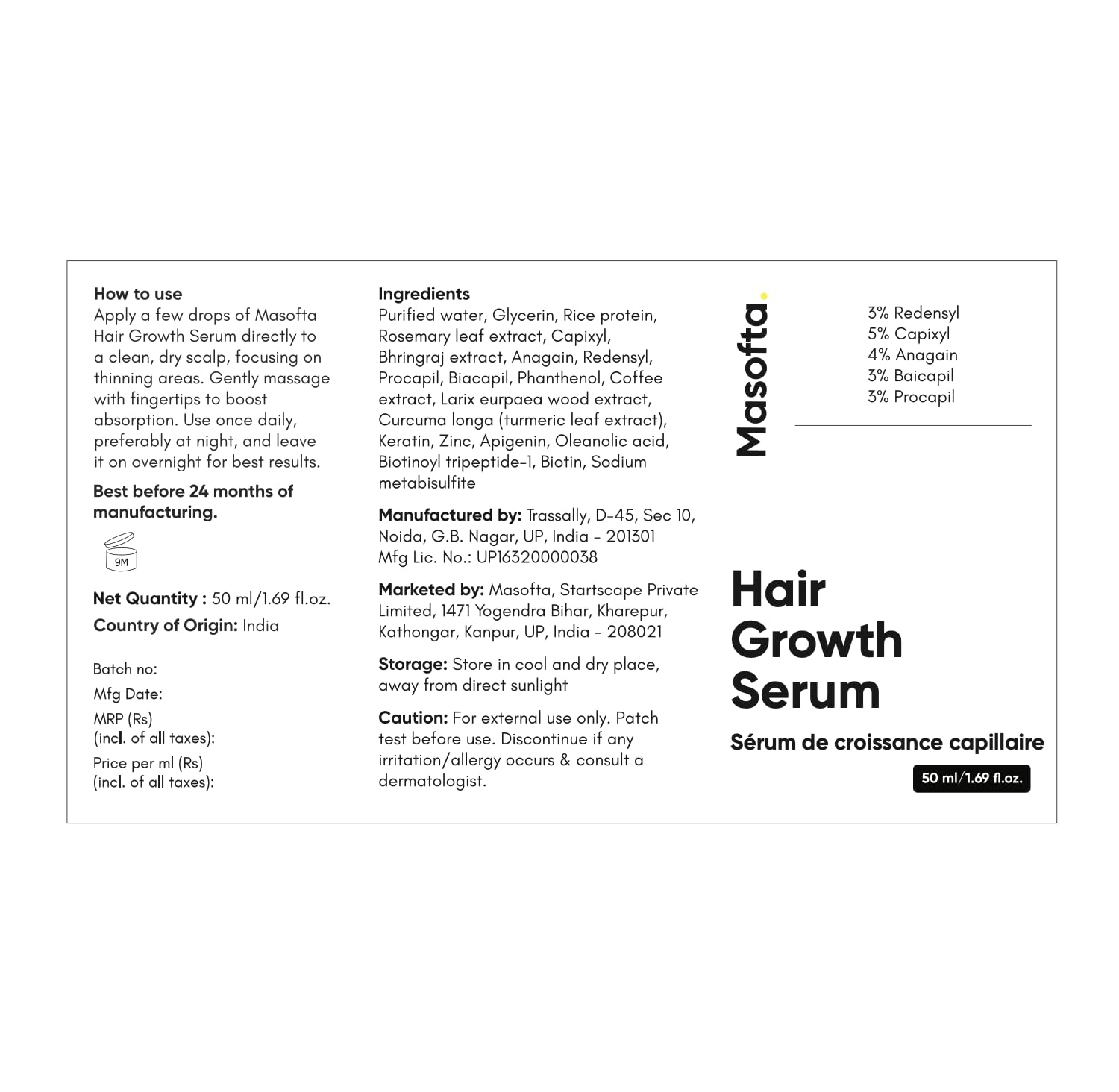 Emballage élégant et pratique du sérum Masofta 50 ml.