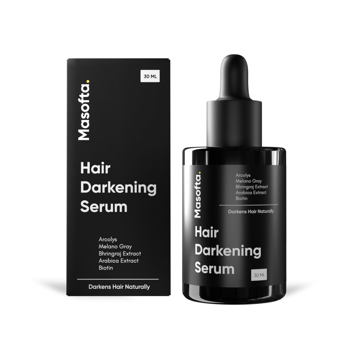 Masofta Serum illustre le noircissement des cheveux pour une couleur plus sombre et naturelle.