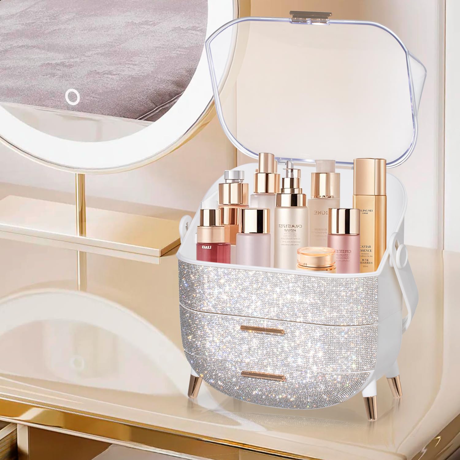 MASSY Boîte maquillage ovale avec couvercle transparent facilitant la sélection des produits