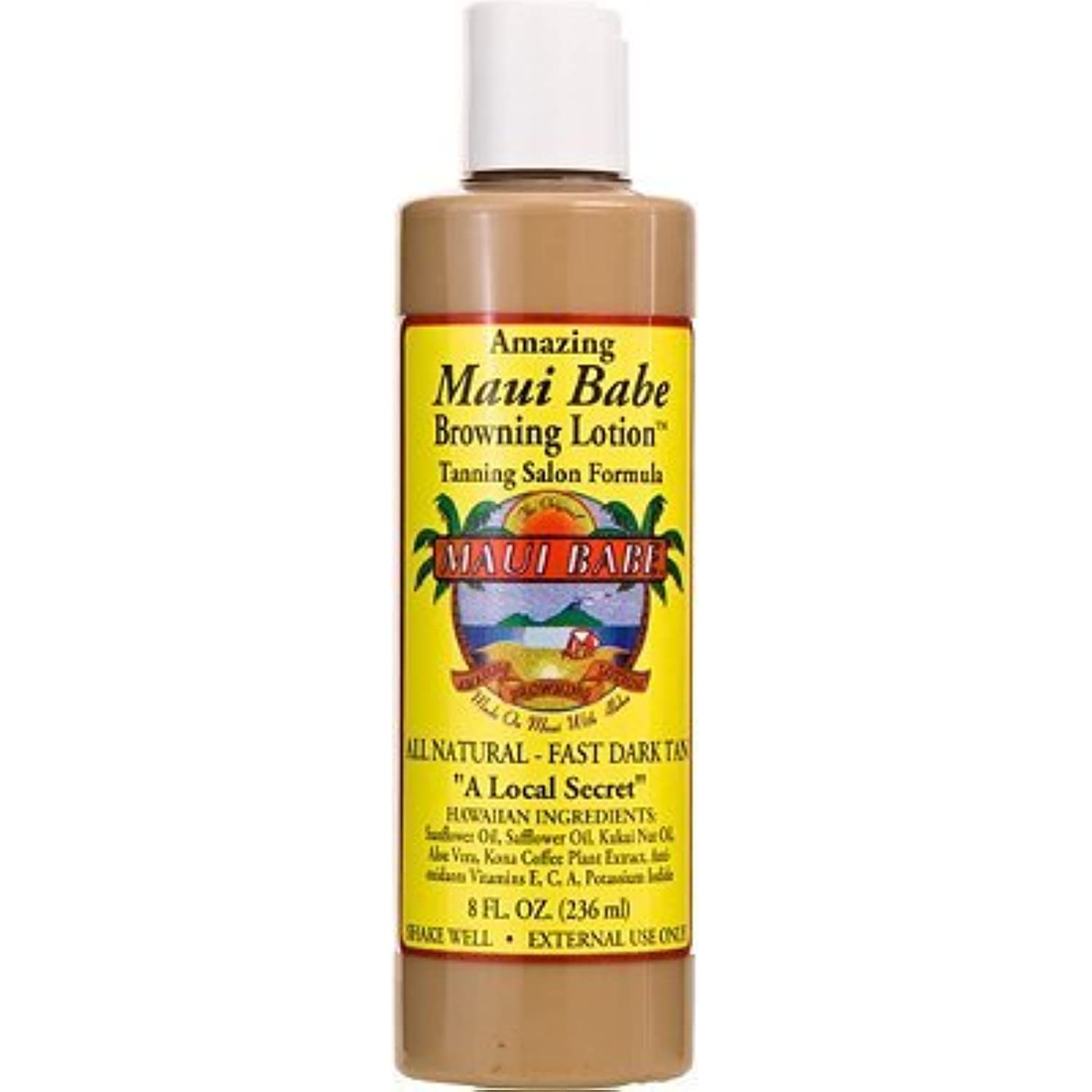 Maui Babe Formule Salon — Bouteille versement, hydratation durable idéale en cabine de bronzage.